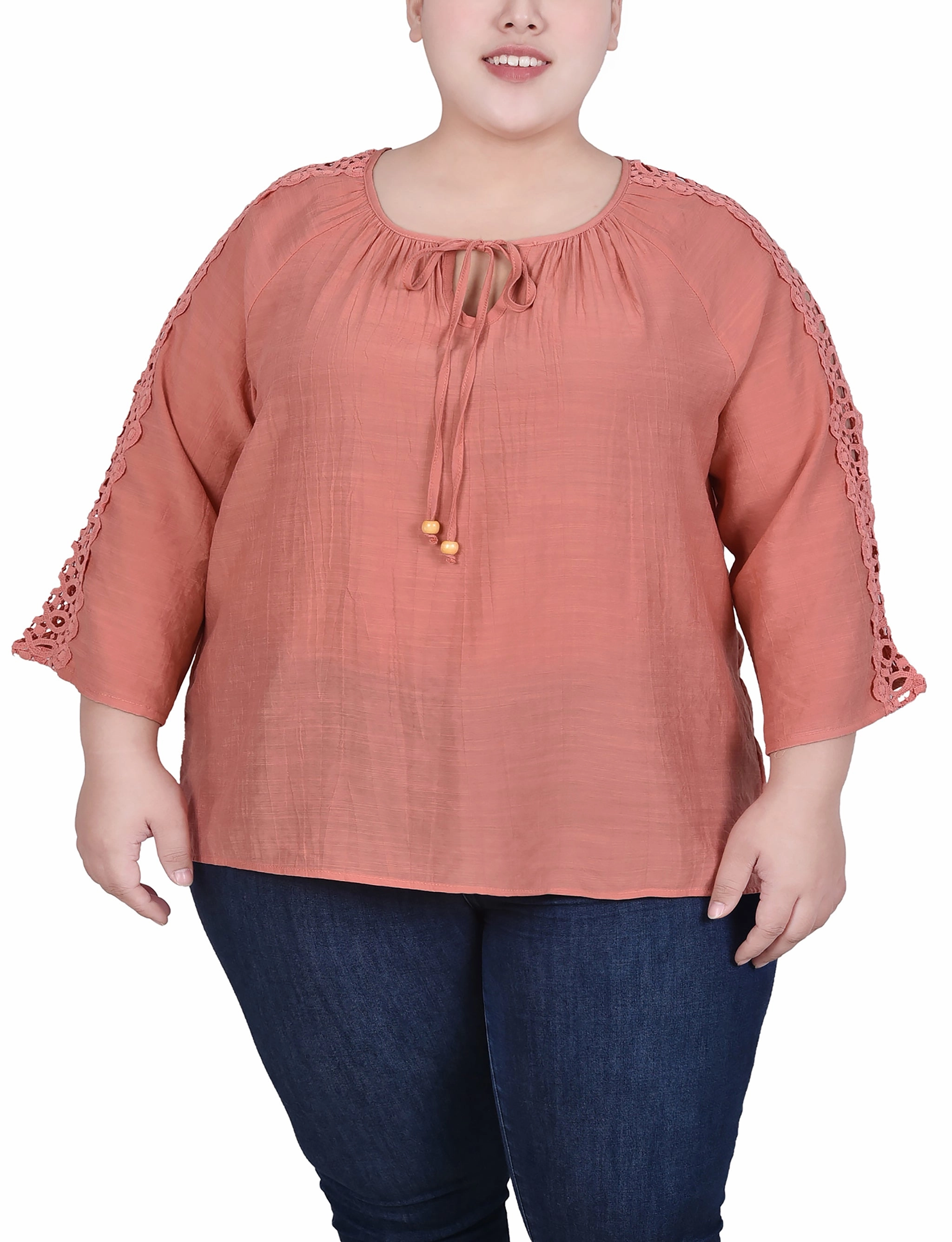 Airflow Mesh Lining TwoToneEffect Plus Size 3/4 Sleeve Crochet Detail Blouse