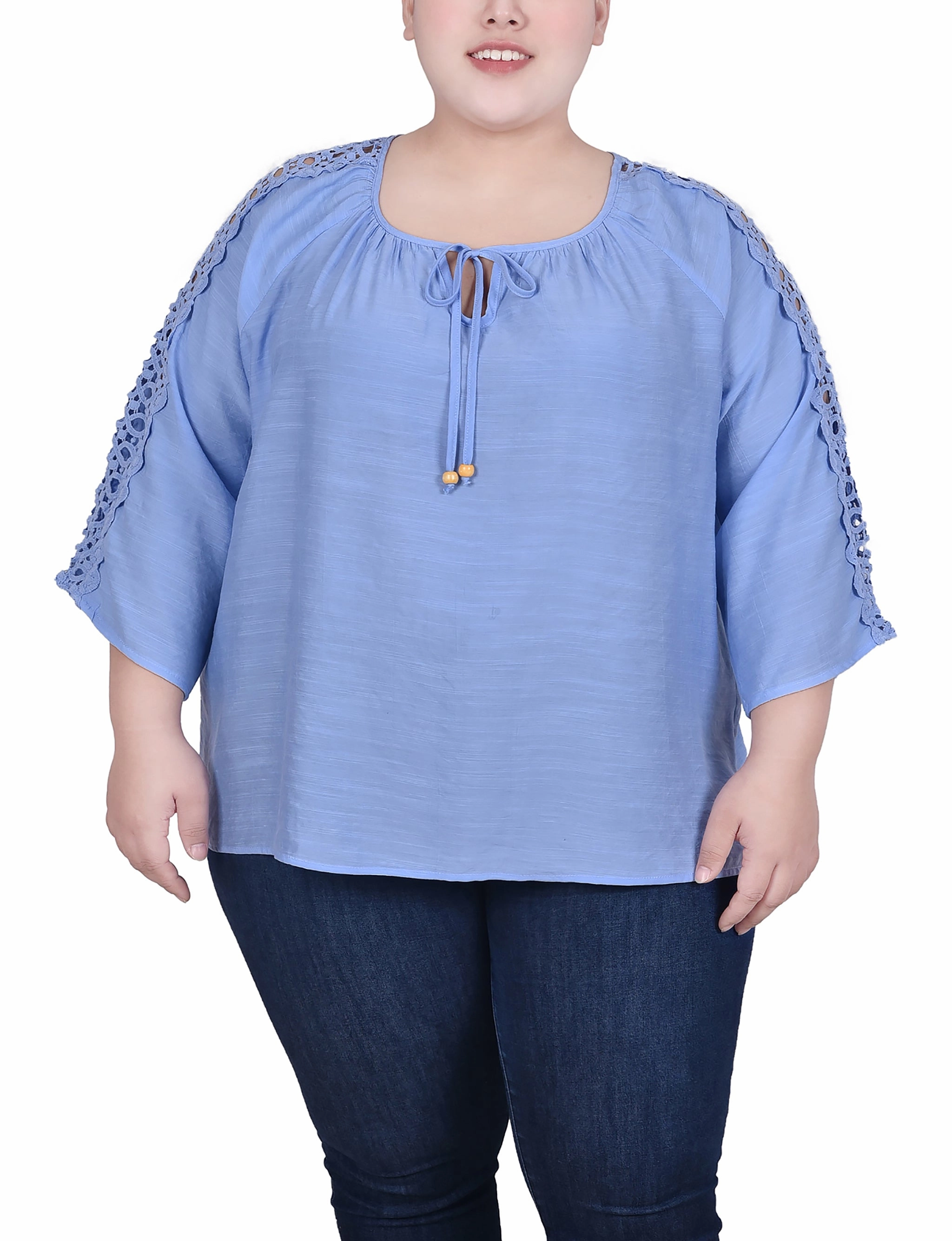 ChafeFreeEdging RubberizedGrip Plus Size 3/4 Sleeve Crochet Detail Blouse