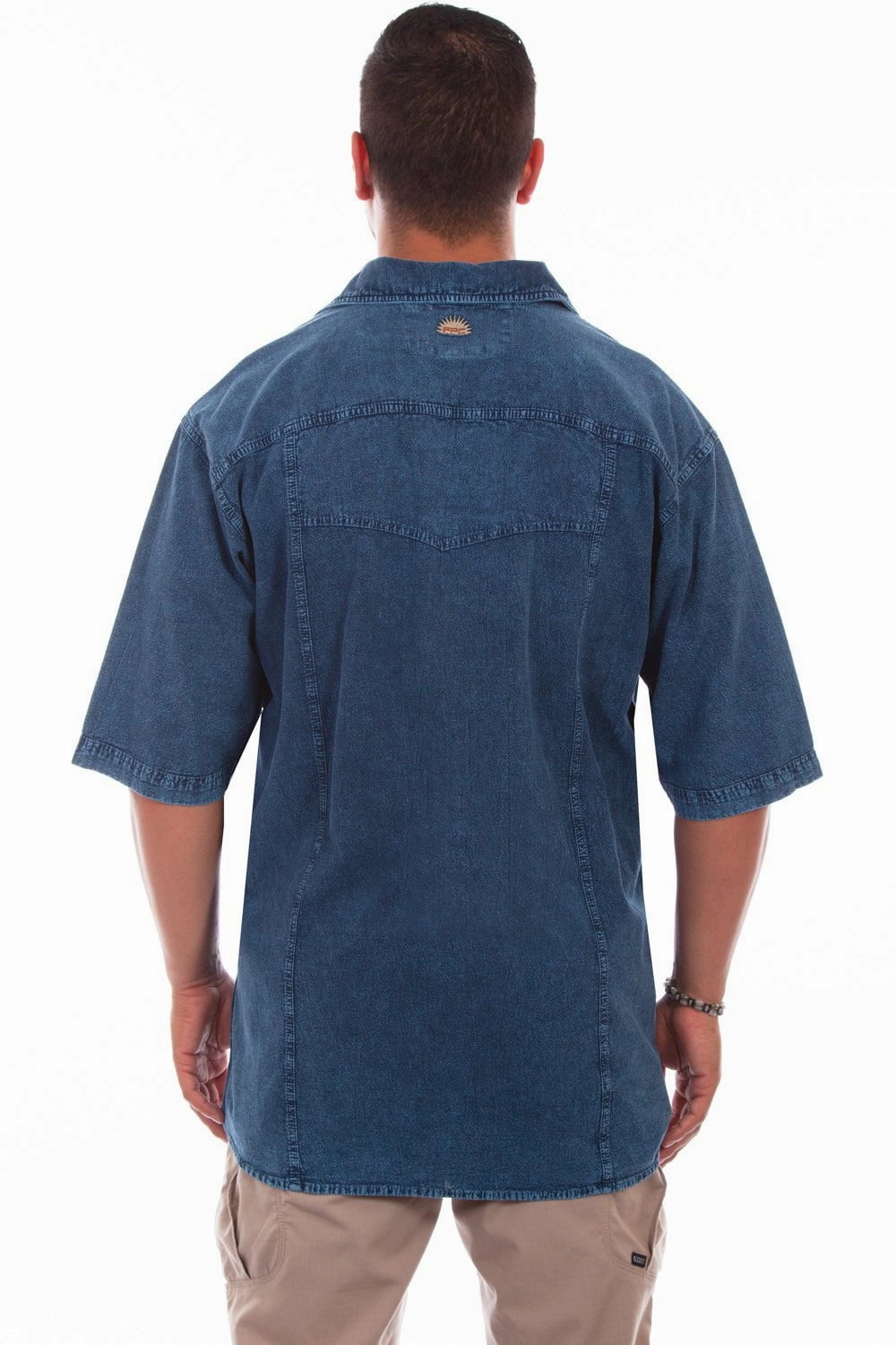Scully Mens Distressed Denim 100% Cotton Trac S/S Shirt Moisture Management Tech Flexible Mobility