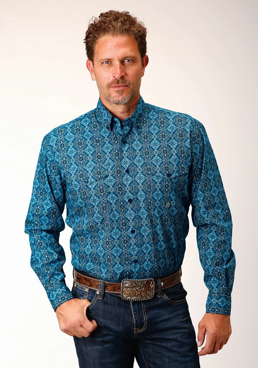 Roper Mens Gothic Medallion Blue 100% Cotton L/S Shirt Edgy style