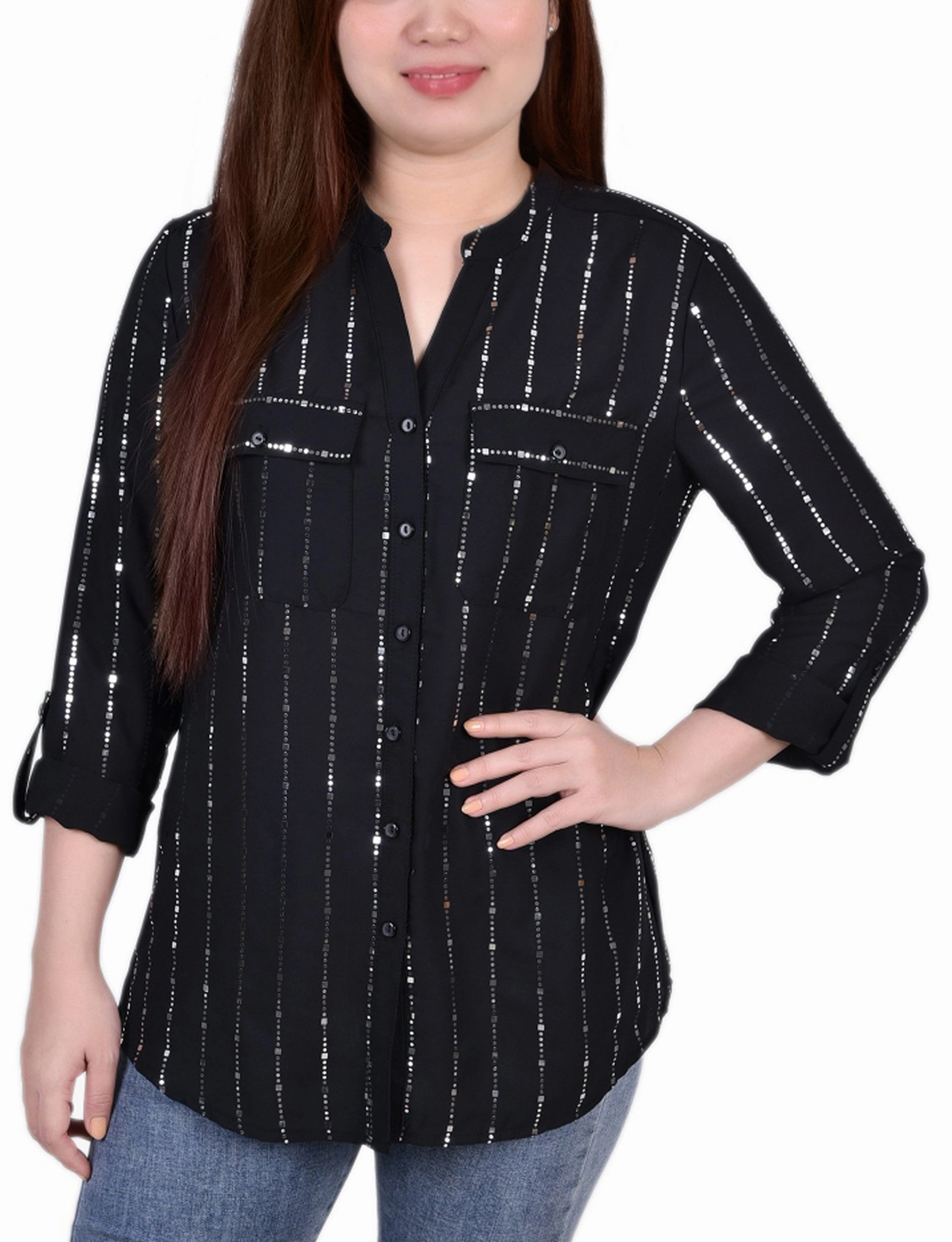 Petite 3/4 Sleeve Roll Tab Blouse With Metallic Details Sheer Overlay Material AntiStaticFabric