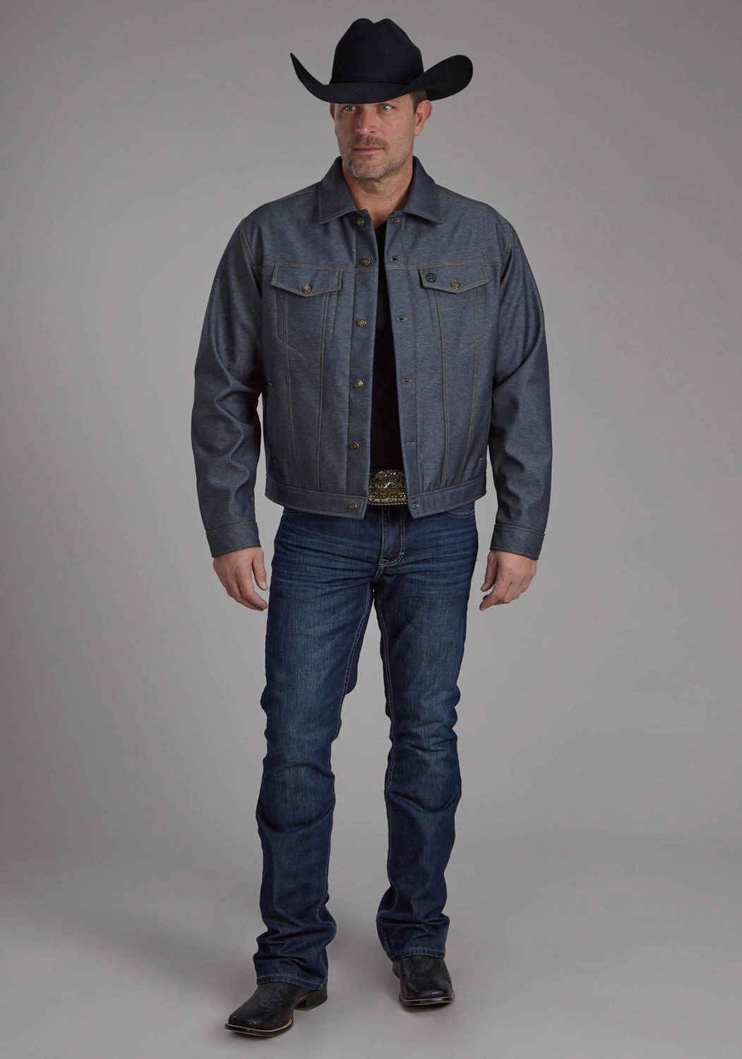 Roper Mens Raised Denim Blue Polyester Softshell Jacket Wrinkle Free Texture SlipResistantFastenings