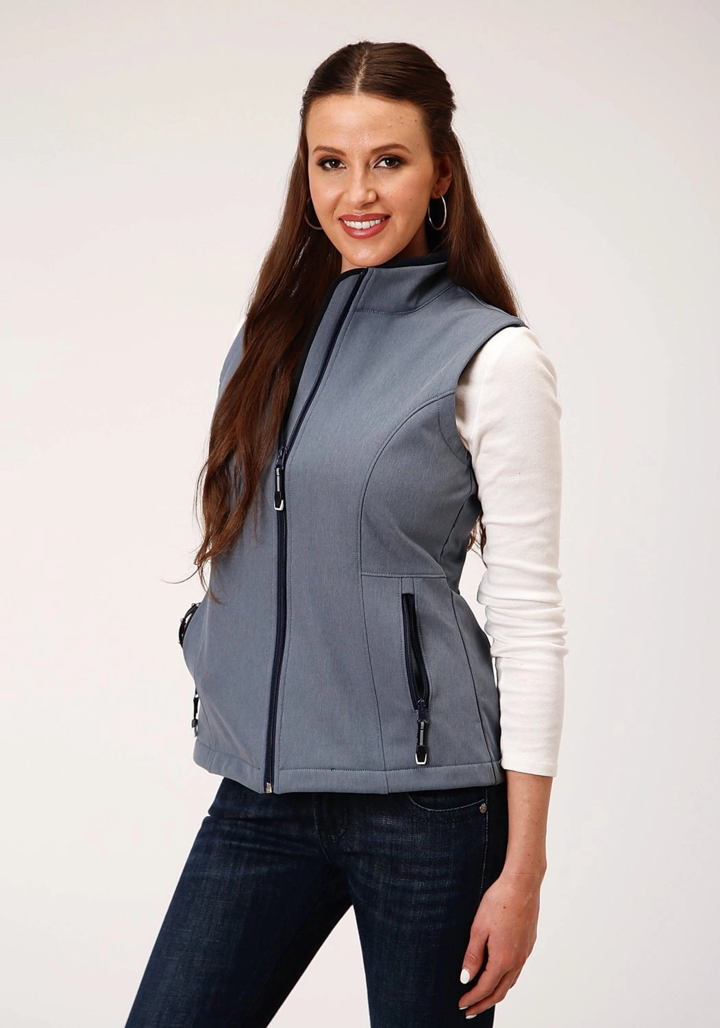 Roper Womens Heather Blue Polyester Softshell Vest AbrasionResistant Advanced Layering System