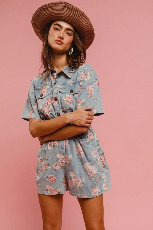 Anti-bacterial QUINN FLORAL PRINT WASHED LIGHTWEIGHT ROMPER S-XL