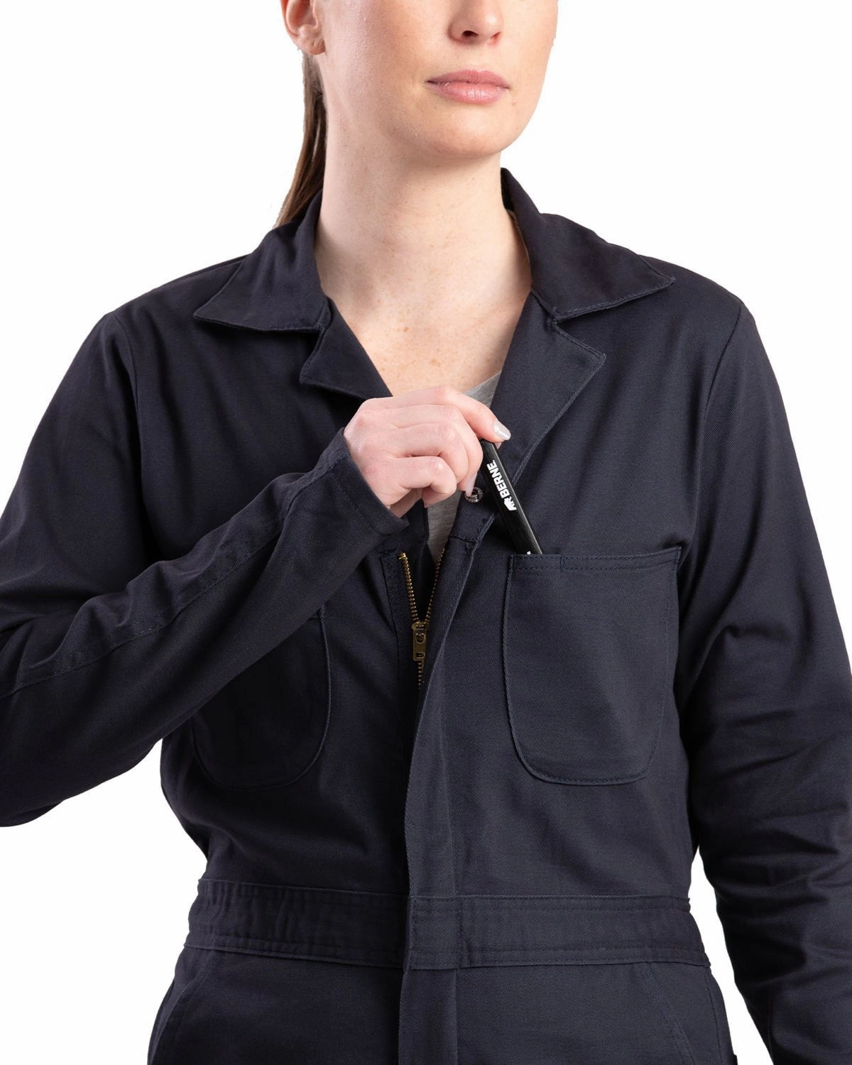 Reinforced Stitching Ultraviolet Protection Factor Berne Womens Highland Flex Unlined Navy Cotton Blend Work Coverall