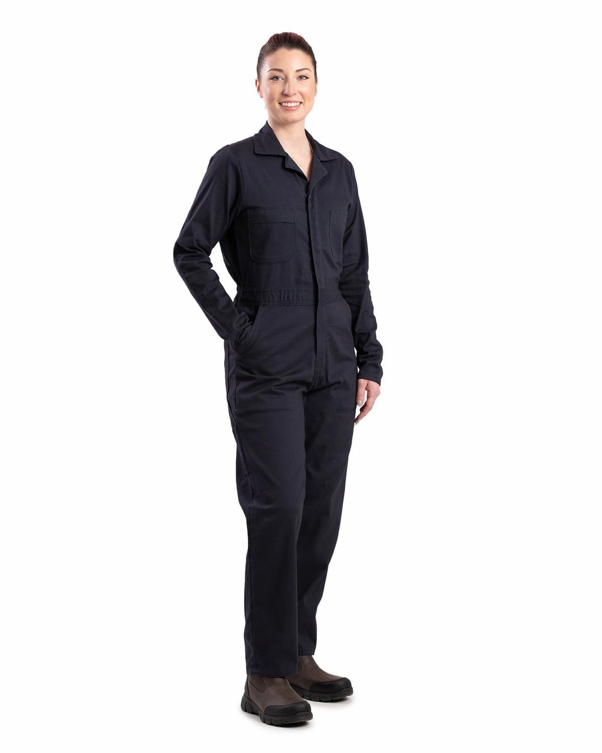 Berne Womens Highland Flex Unlined Navy Cotton Blend Work Coverall Heat Resistant Fabric ErgonomicSleeveCut