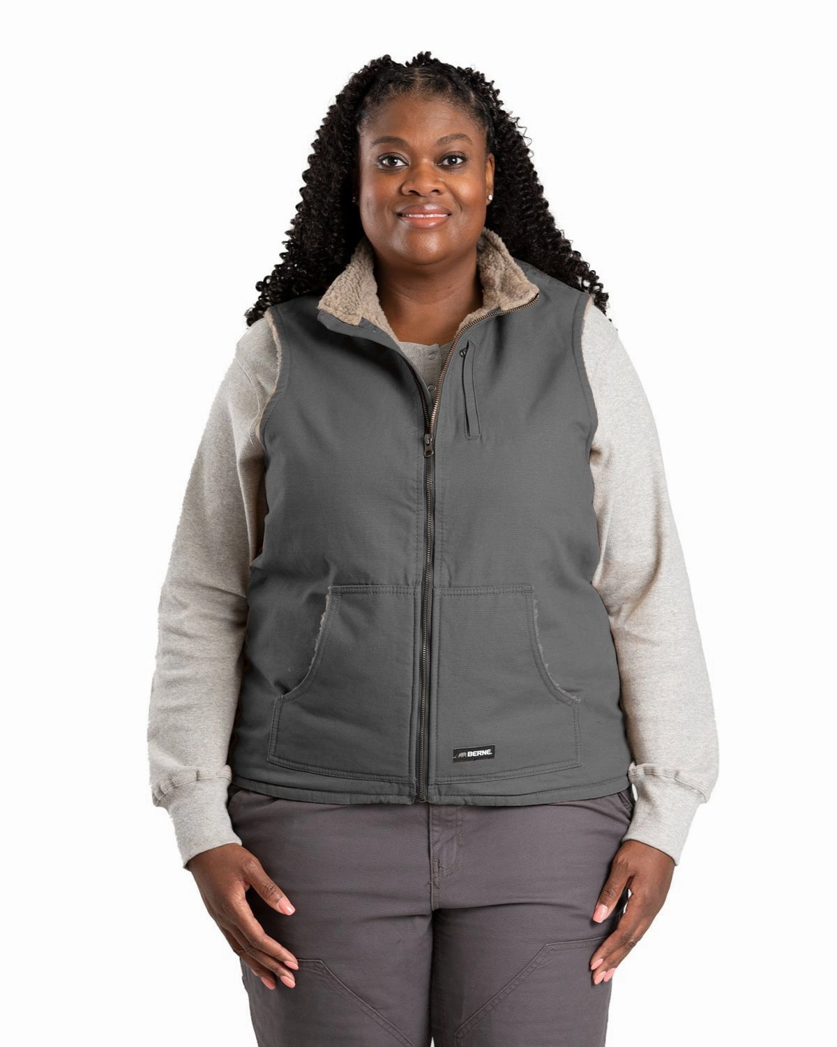 fall season Classic Cut Berne Womens Sherpa-Lined Softstone Duck Titanium 100% Cotton Vest