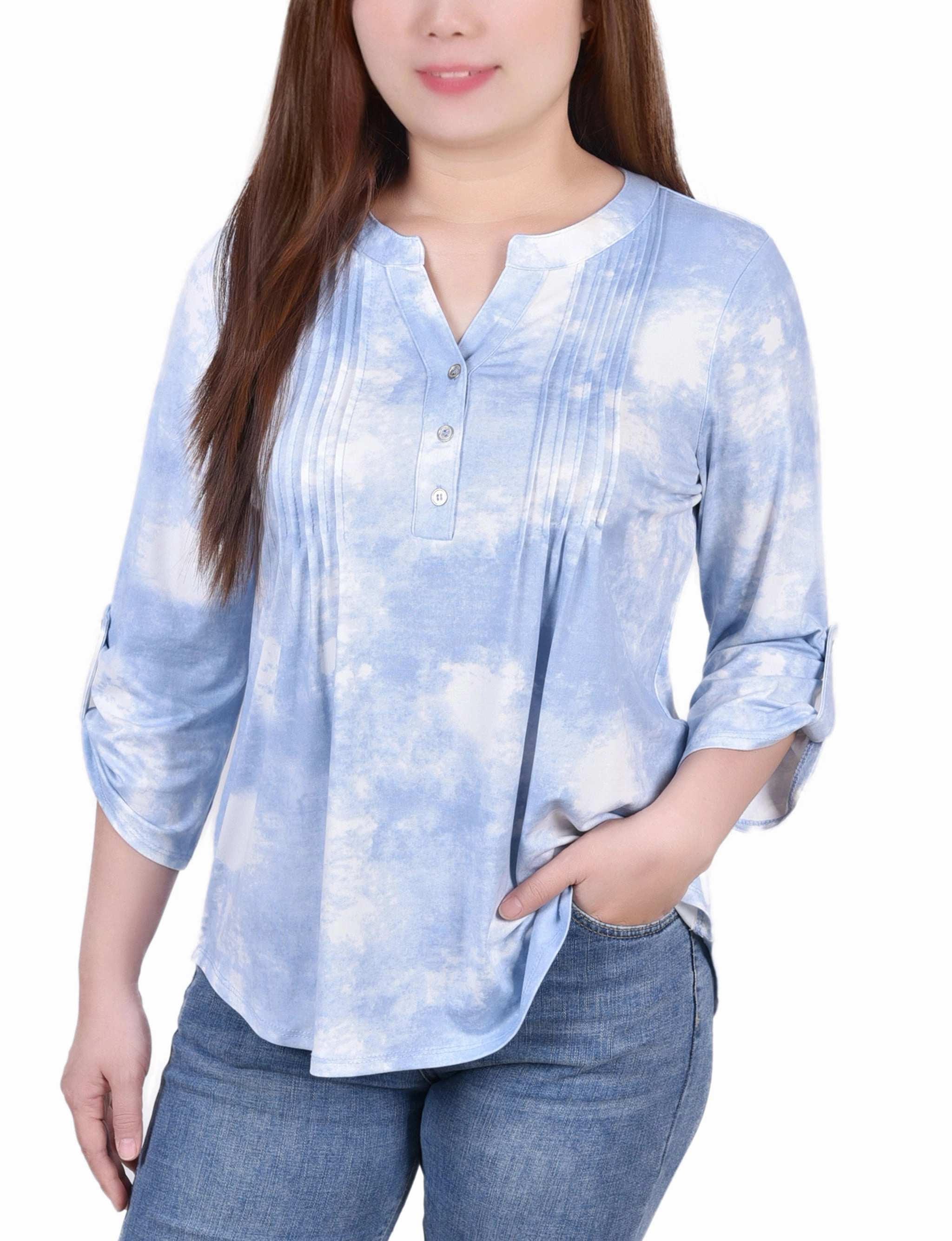 FlexibleKnit Soft Touch Fabric Knit Jacquard 3/4 Sleeve Roll Tab Top