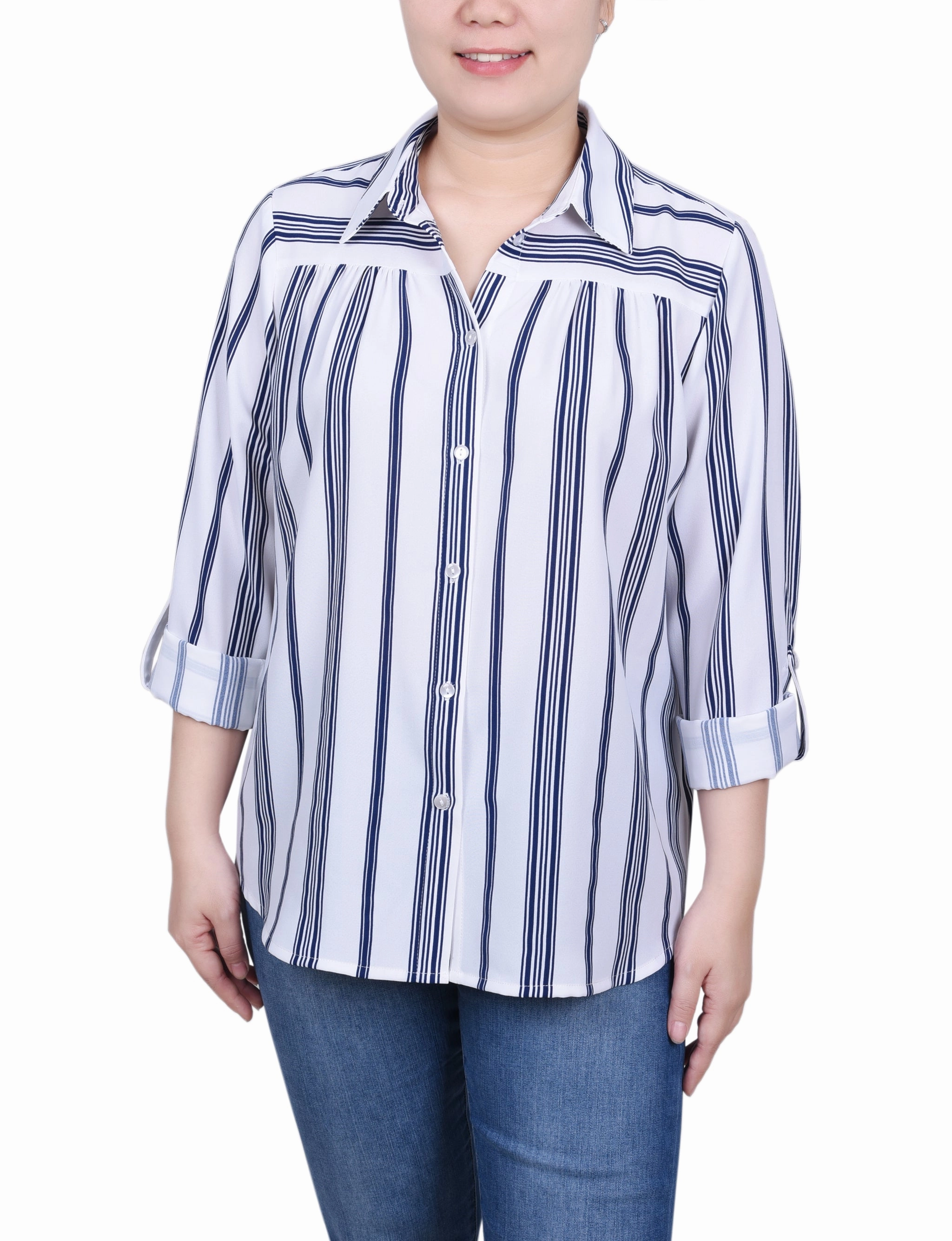 Petite Long Roll Tab Sleeve Blouse Flexible Material LayeredPanel