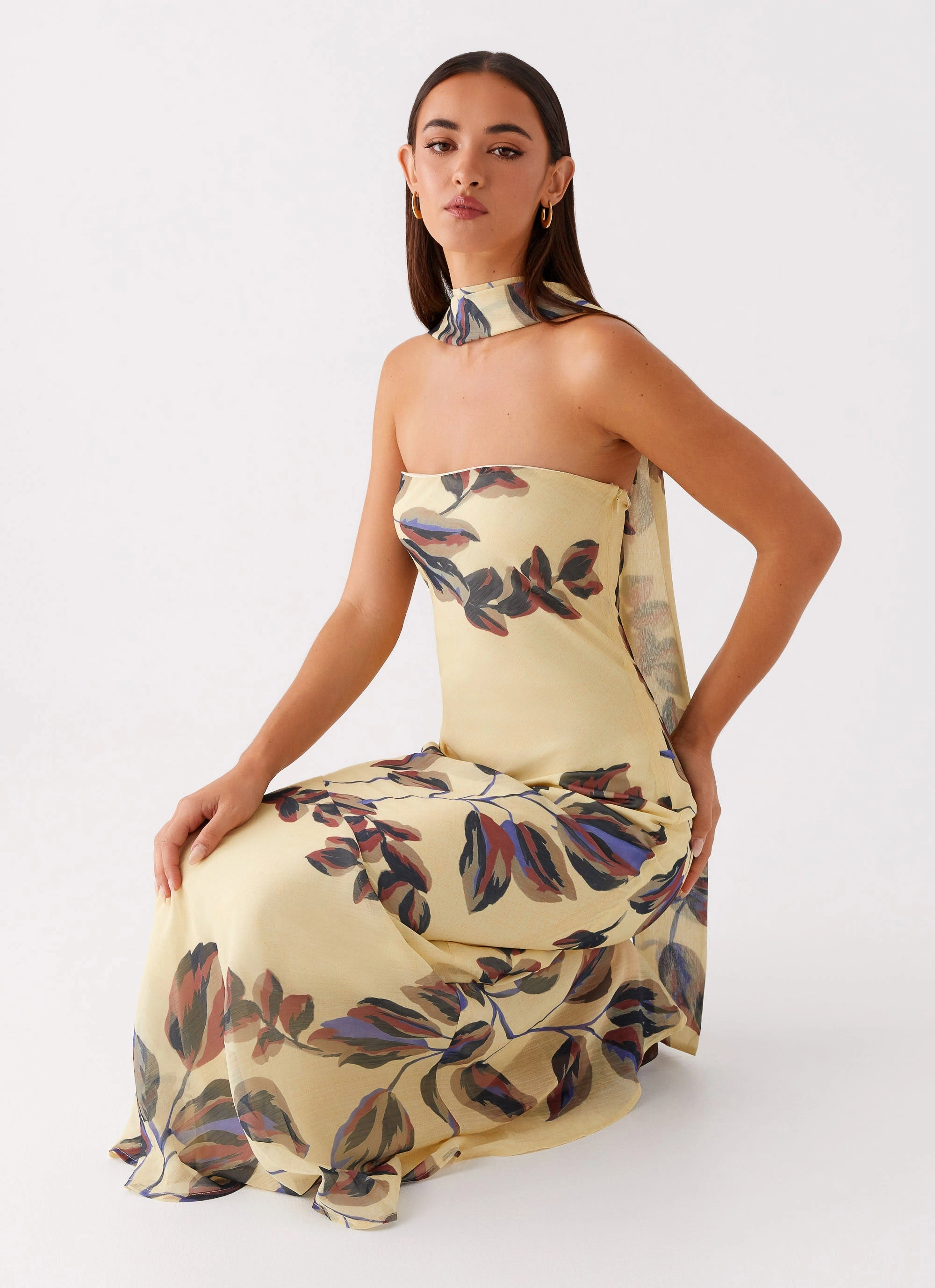 Under The Pagoda Maxi Dress - Buttercream Leaf Print Weather-Resistant Outerwear