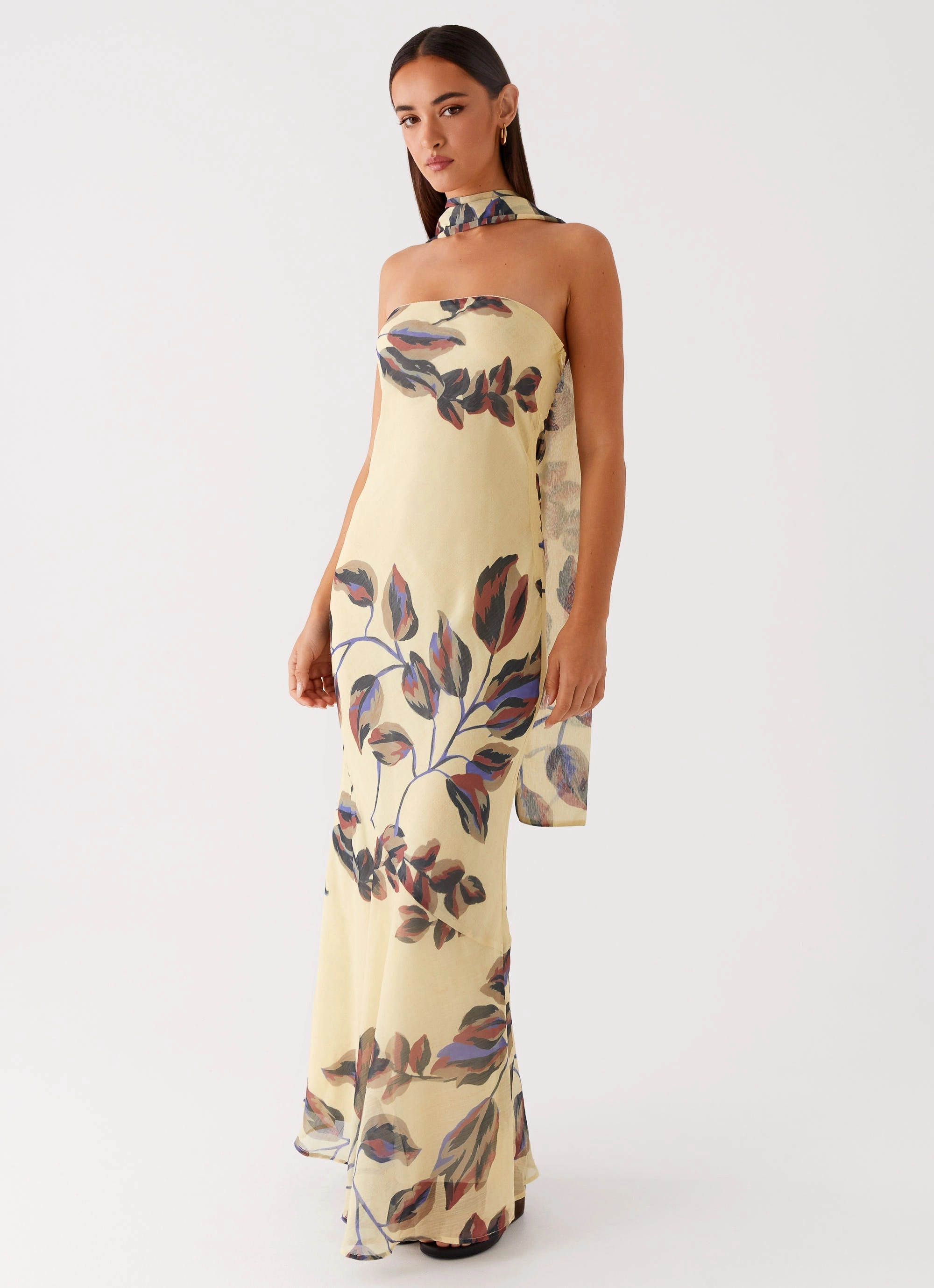 Under The Pagoda Maxi Dress - Buttercream Leaf Print Weather-Resistant Outerwear