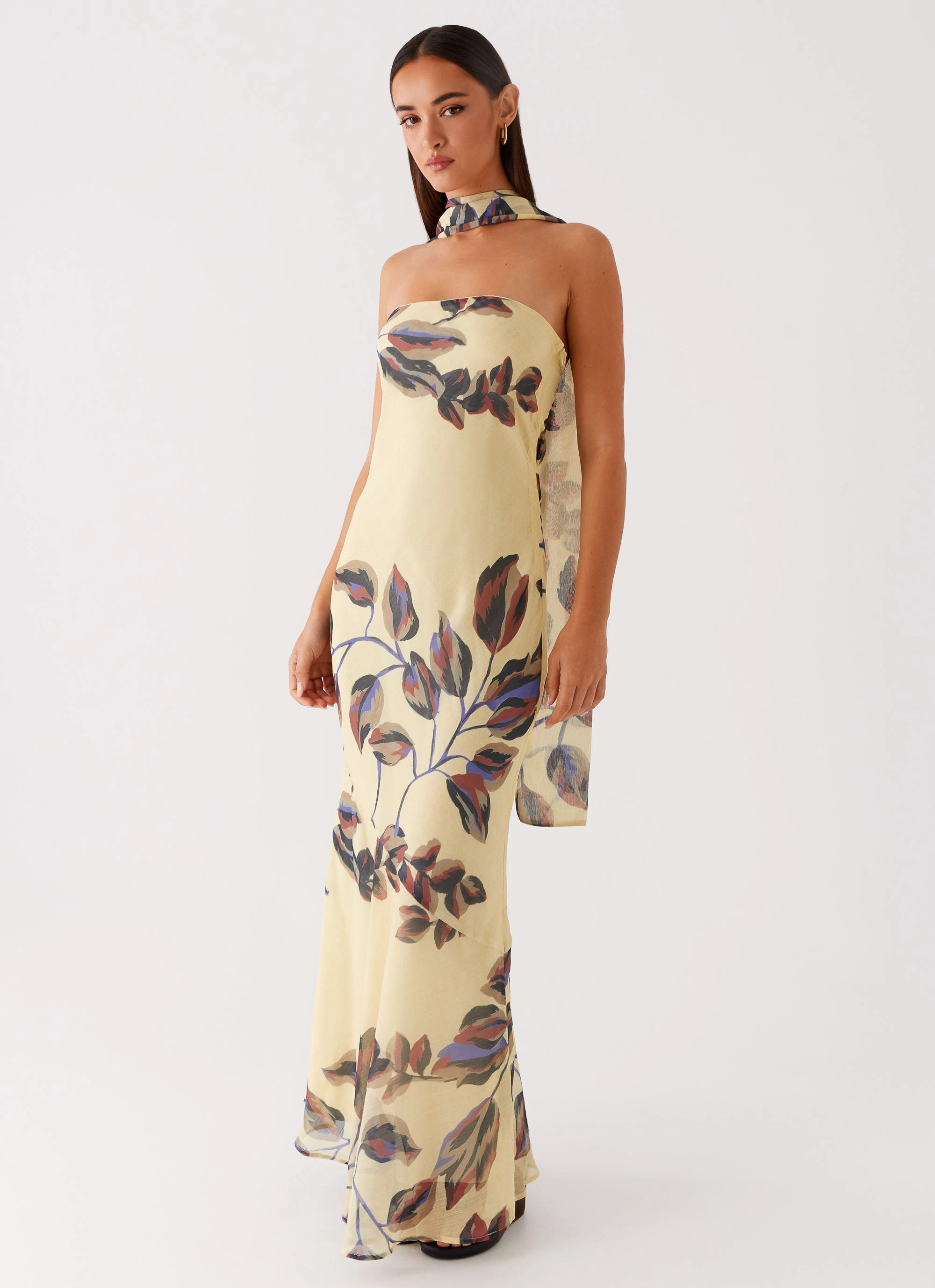 Midi-Length Under The Pagoda Maxi Dress - Buttercream Leaf Print