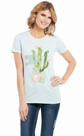 Slim Silhouette Cowgirl Up Womens Succa for Cowboys Vintage Blue 100% Cotton S/S T-Shirt