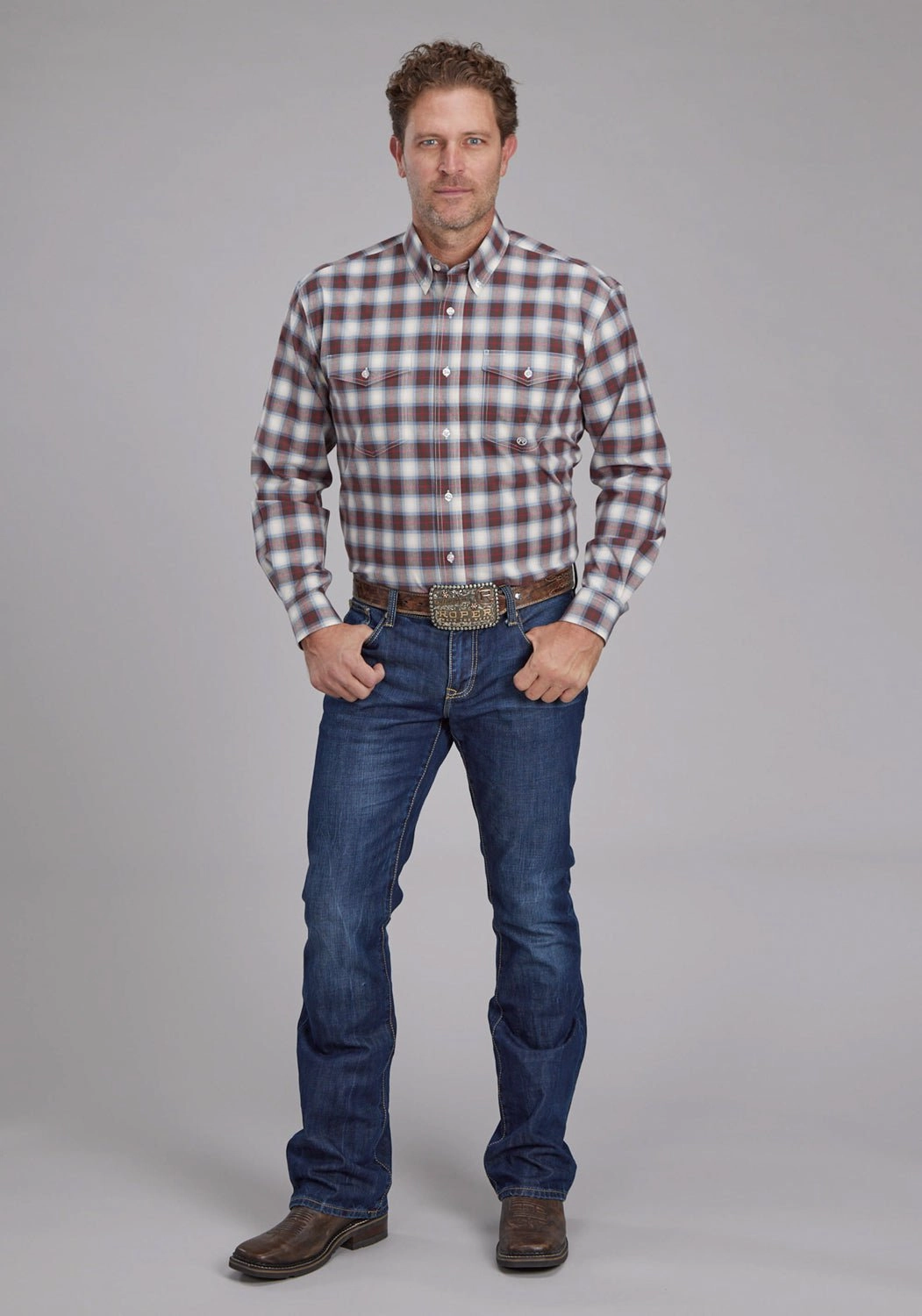 Roper Mens 2164 Stretch Plaid Brown Cotton Blend Tall L/S Shirt Formal Elegance Weekend Style