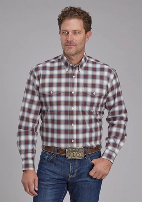 Seamless Shoulder Roper Mens 2164 Stretch Plaid Brown Cotton Blend Tall L/S Shirt