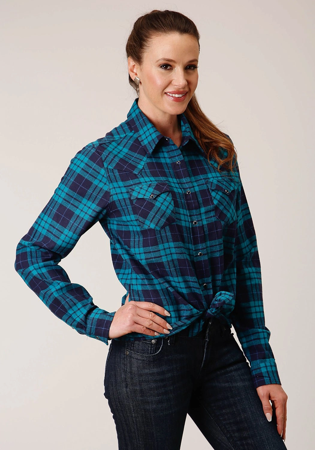Rugged Style Polished Placket Roper Womens Unlined Flannel Blue/Turquoise 100% Cotton L/S Shirt