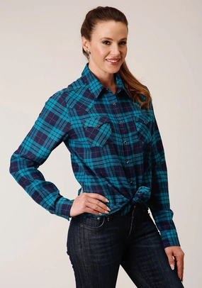 Rugged Style Polished Placket Roper Womens Unlined Flannel Blue/Turquoise 100% Cotton L/S Shirt
