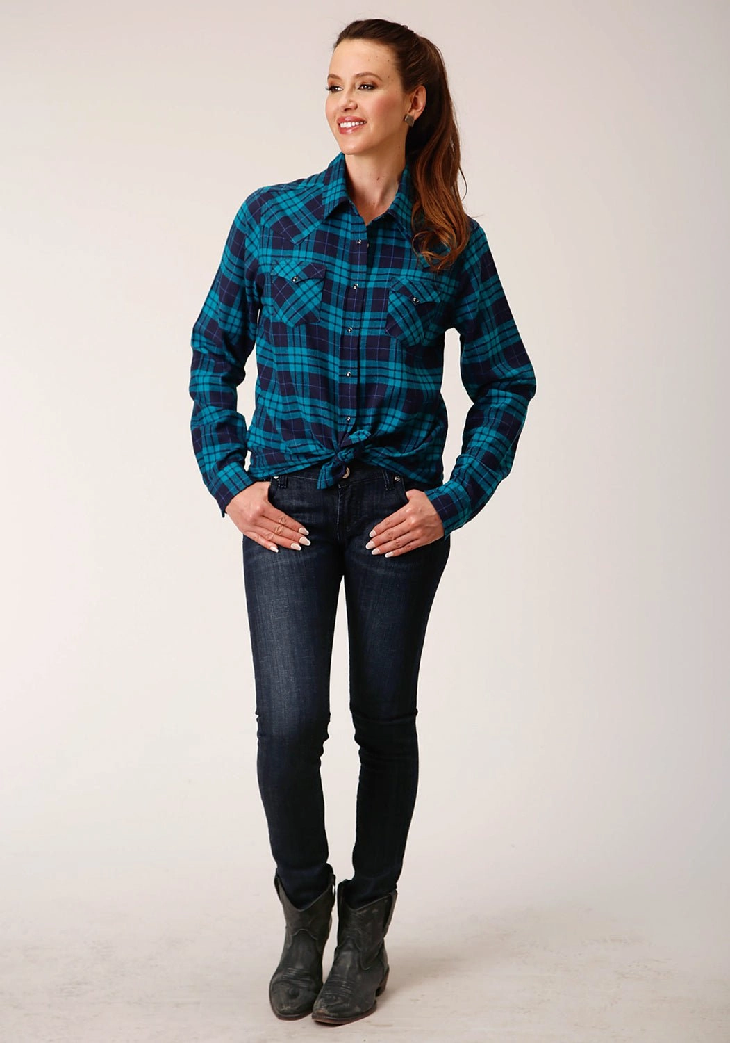 high-low hem Roper Womens Unlined Flannel Blue/Turquoise 100% Cotton L/S Shirt