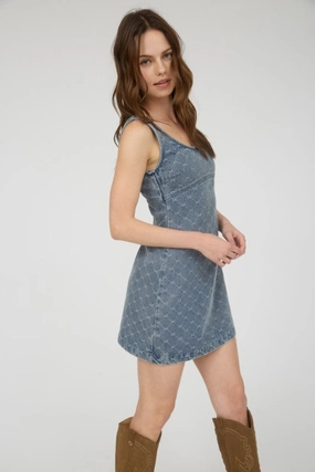 Cloud Light Perfect Wear Dalilah Bow Pattern Sleeveless Denim Mini Dress