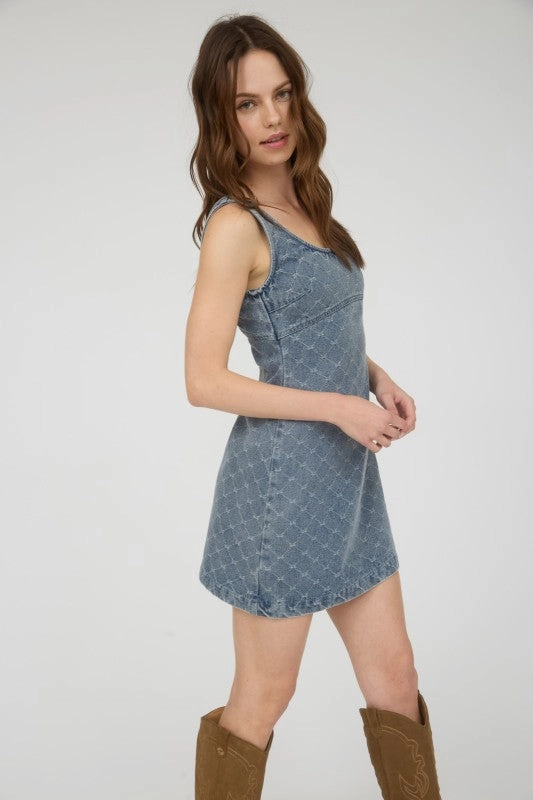 Farm Air Dalilah Bow Pattern Sleeveless Denim Mini Dress