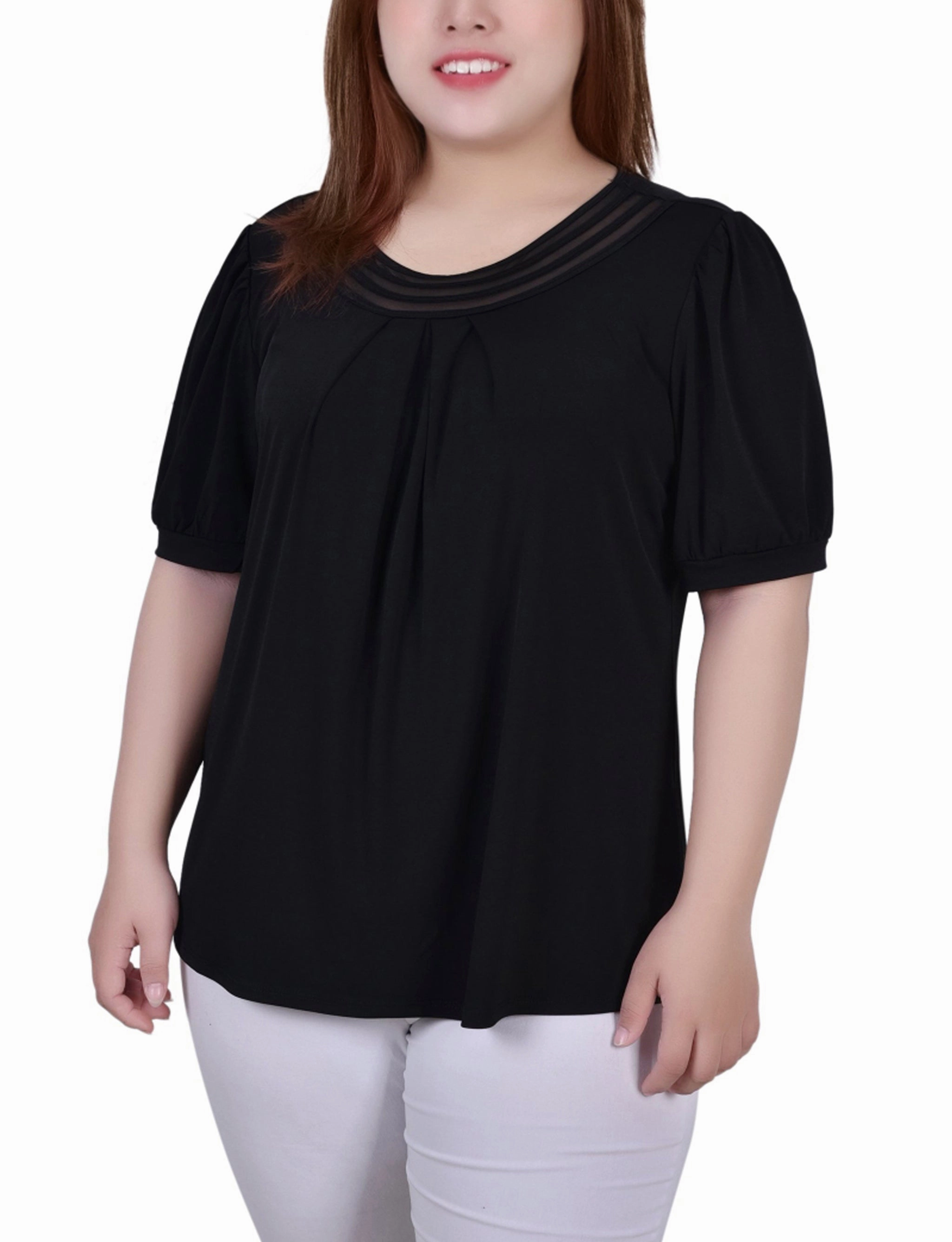 FlexibleRibbing Plus Size Short Puff Sleeve Sheer Inset Top