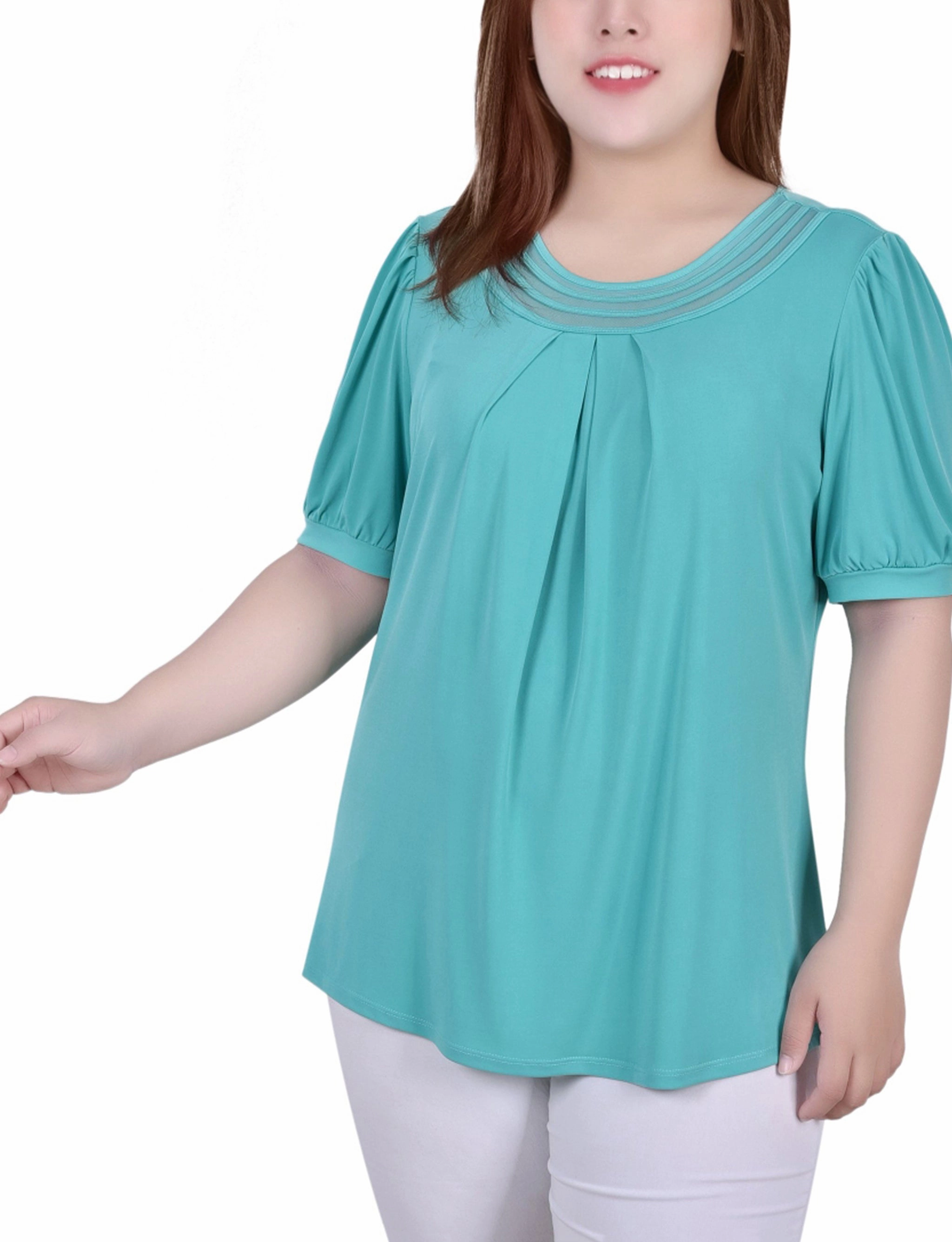 Layered Shoulder VentilatedMesh Plus Size Short Puff Sleeve Sheer Inset Top