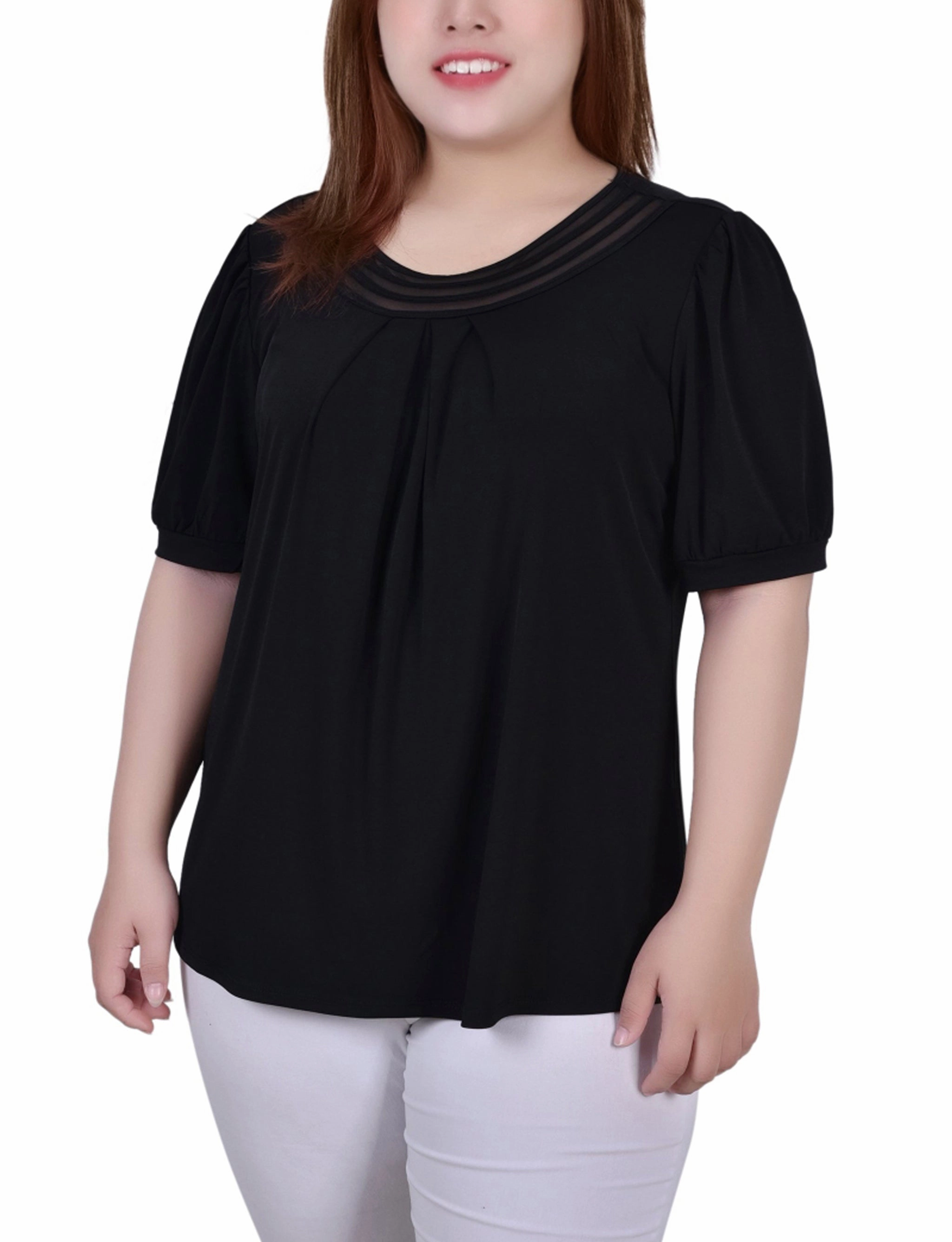 StainRepellentCoating Plus Size Short Puff Sleeve Sheer Inset Top
