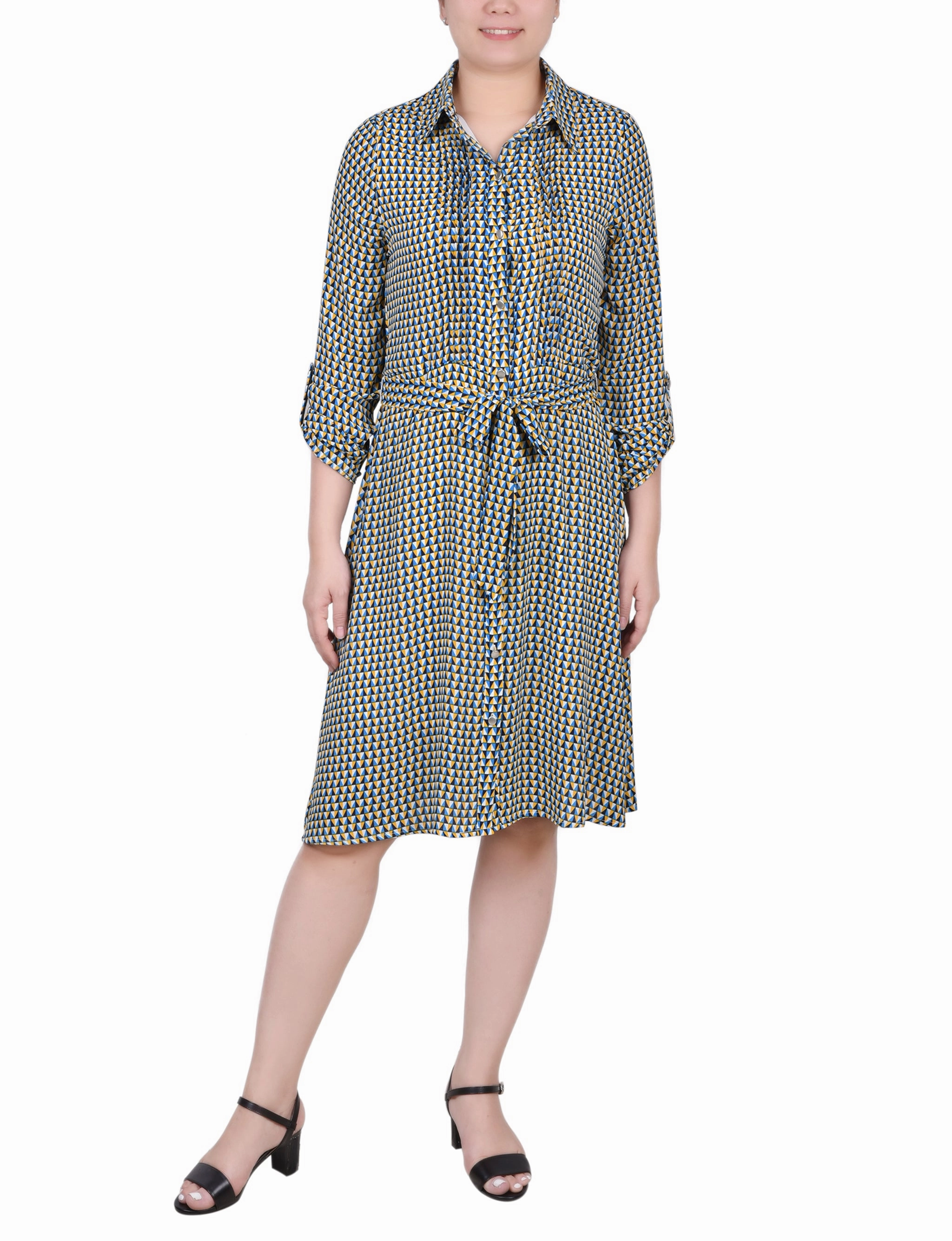 Petite Long Roll Tab Sleeve Dobby Dress Tulle-Overlay