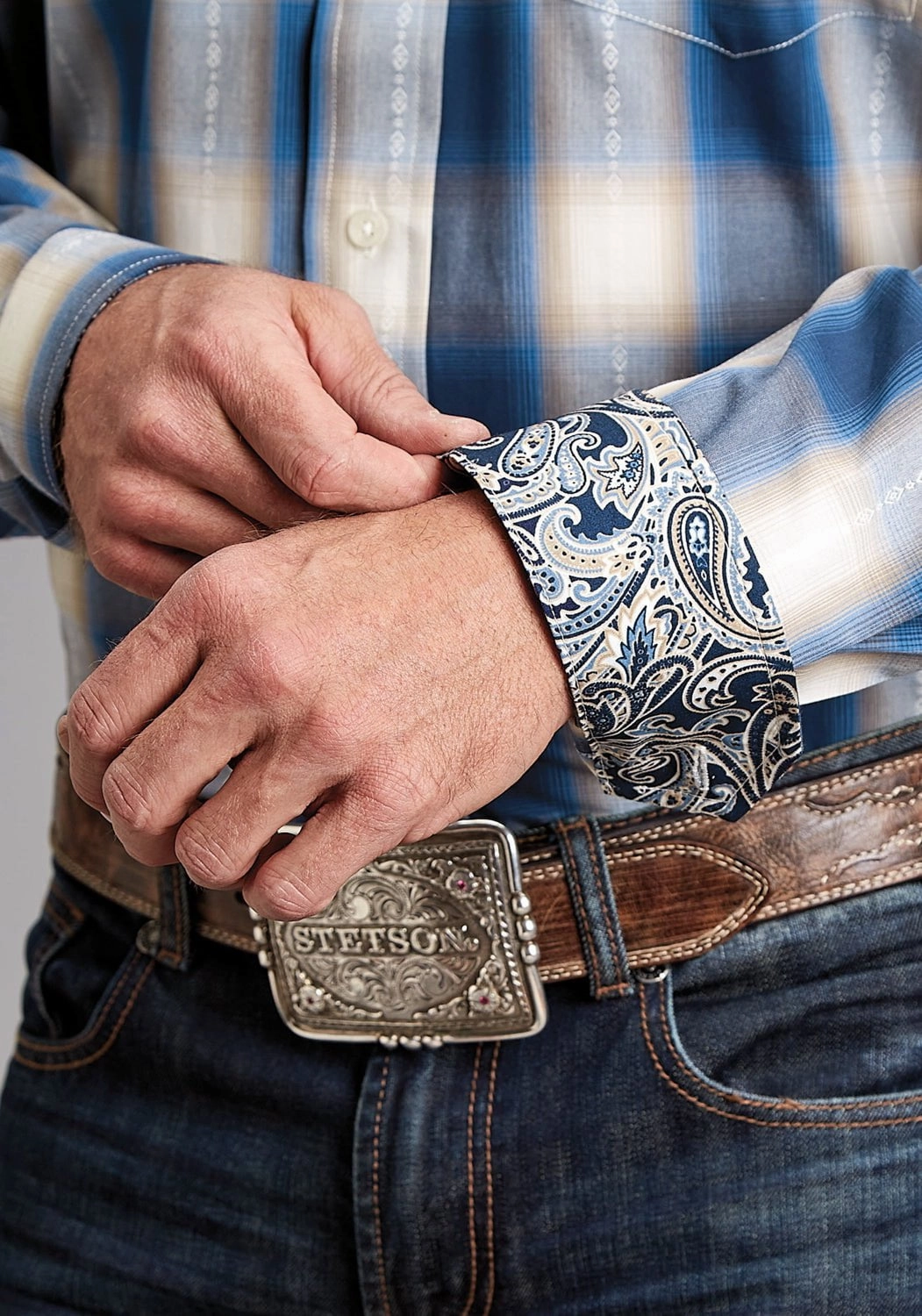 Stetson Mens Ombre Dobby Blue 100% Cotton L/S Shirt Tropical theme