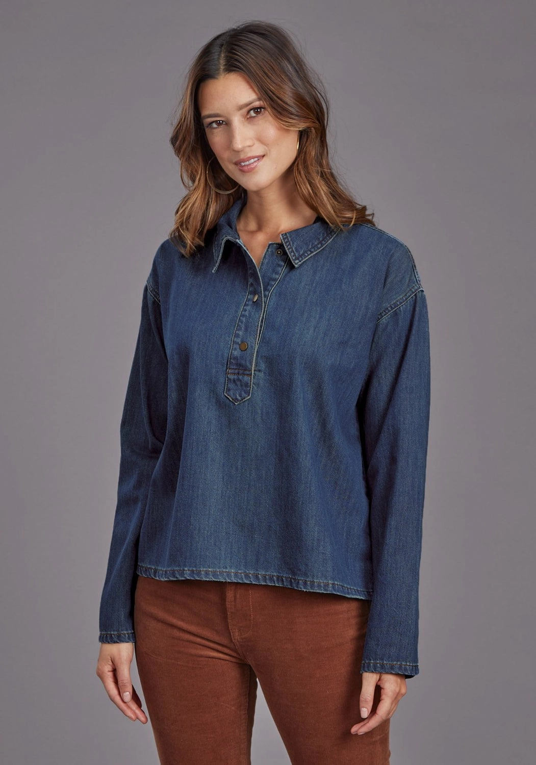 Stetson Womens Fold Down Collar Dark Blue 100% Cotton L/S Tunic Tuckable Hem Odor Resistant