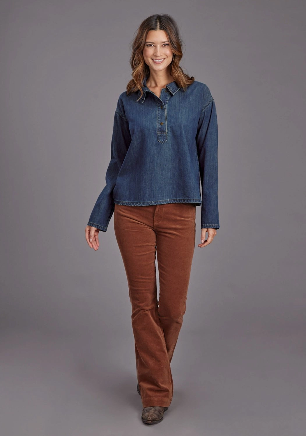 Tailored Fit Stetson Womens Fold Down Collar Dark Blue 100% Cotton L/S Tunic