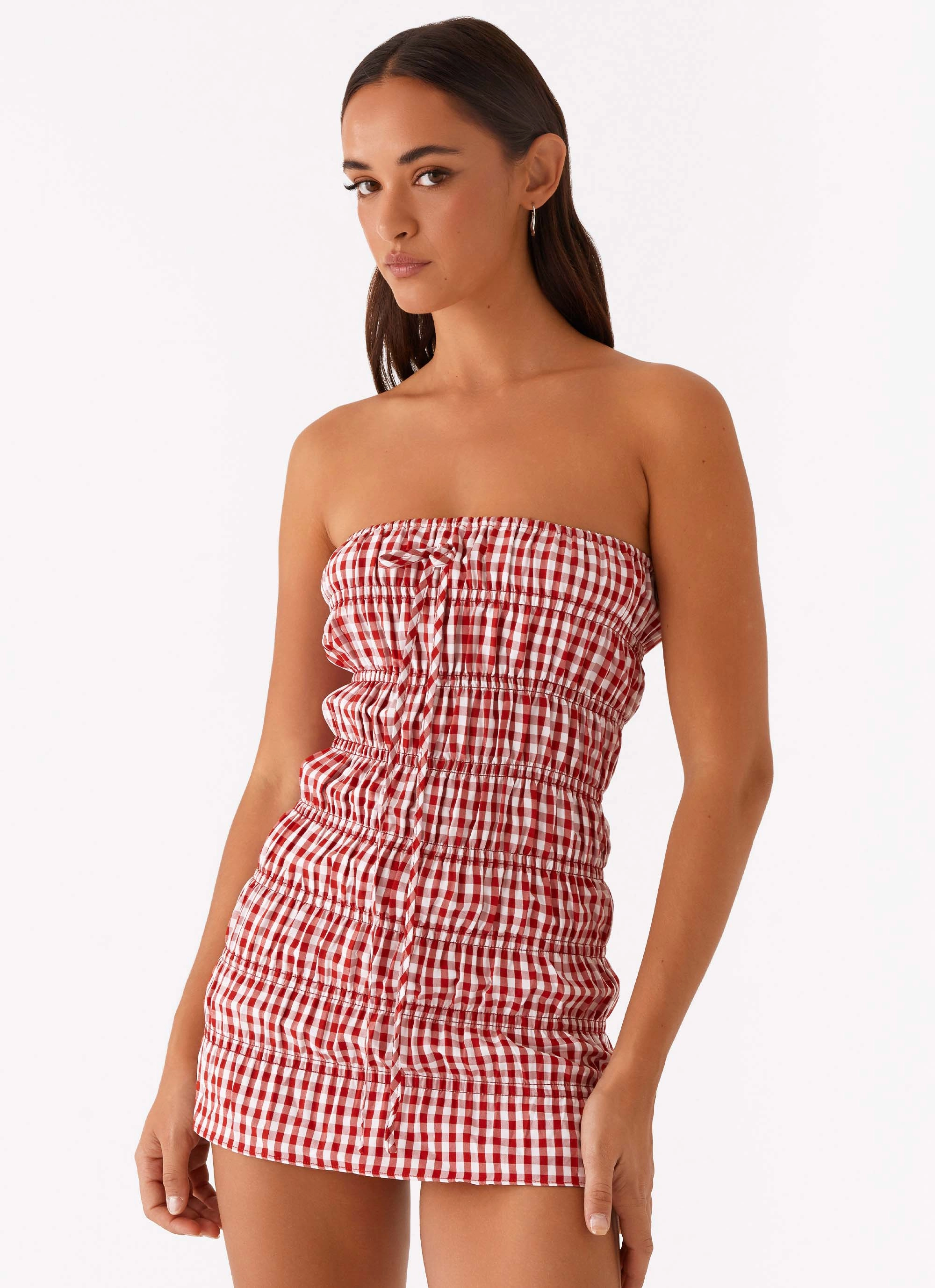 Adele Mini Dress - Red Gingham Natural Feel FlatlockSeam