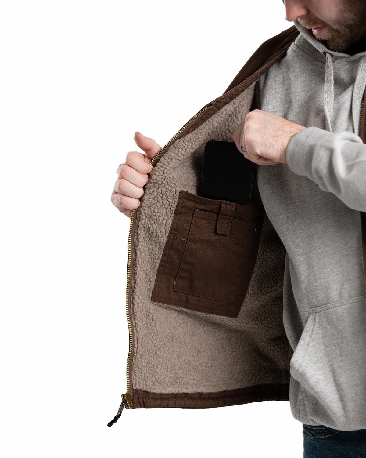 Ultra Lightweight Design Structured Casual Fit Berne Apparel Mens Heartland Sherpa-Lined V-Neck Bark 100% Cotton Vest