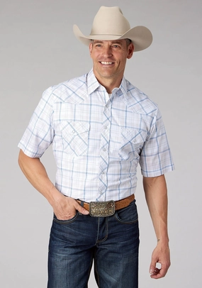 Roper Mens 2061 Windowpane Plaid White/Blue Cotton Blend S/S Shirt Anti Pill Treatment Thermal Regulation Fabric