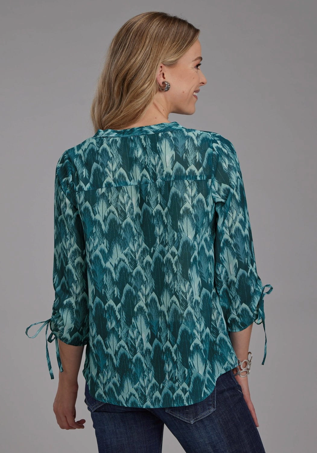 Roper Womens Feather Georgette Teal 100% Polyester 3/4 Sleeve S/S Blouse Reinforced Hems Anti Odor Treatment