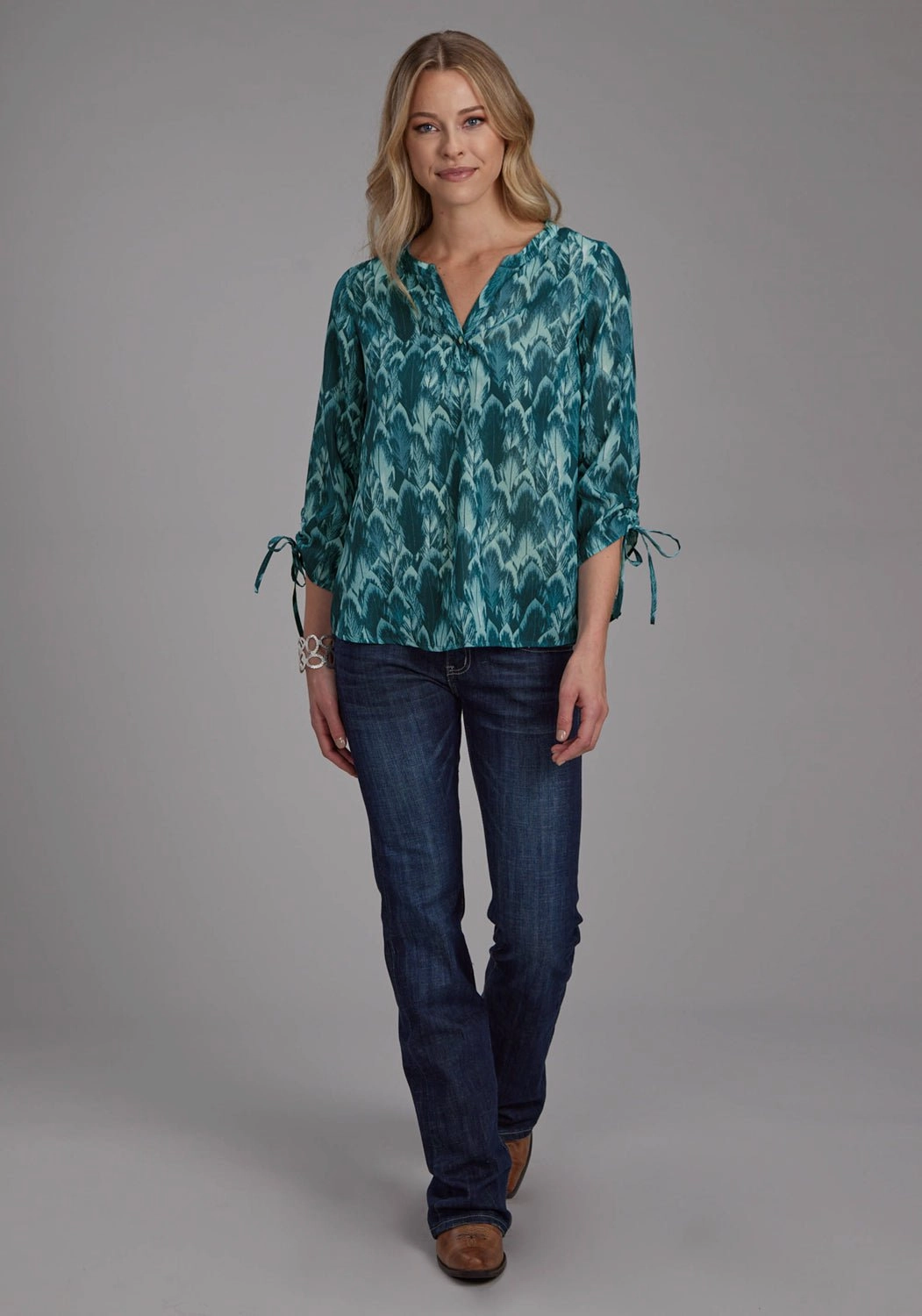 Tailored Cut Roper Womens Feather Georgette Teal 100% Polyester 3/4 Sleeve S/S Blouse