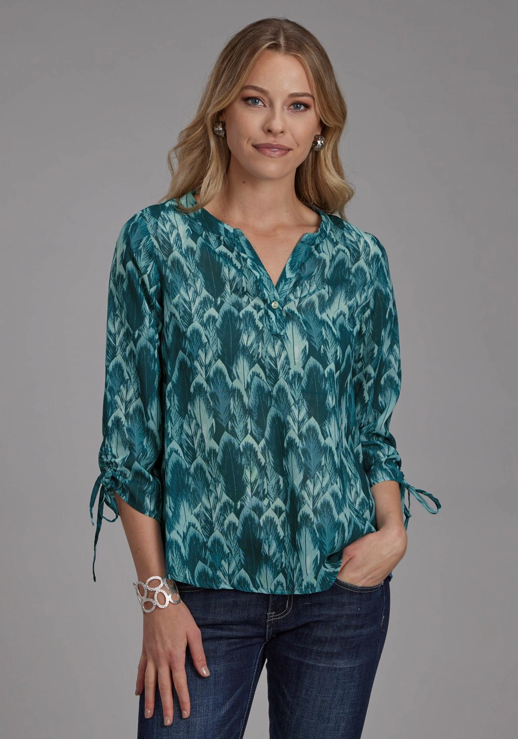 Casual Elegance Checkered Style Roper Womens Feather Georgette Teal 100% Polyester 3/4 Sleeve S/S Blouse