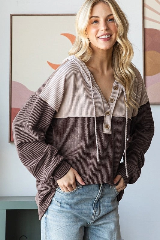 HypoallergenicFibers Urban Ribbed Contrast Hoodie With Button