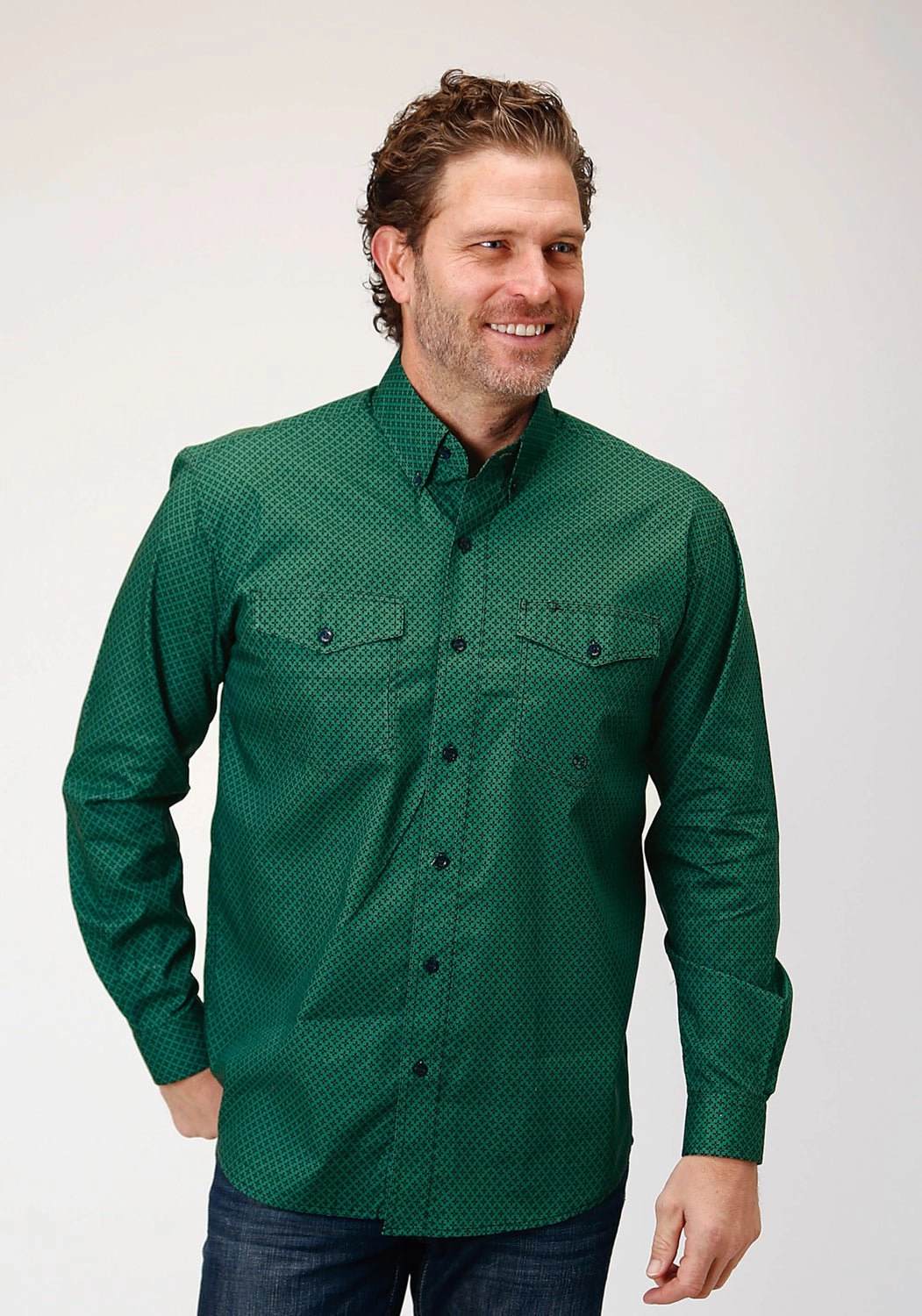 Rooftop Bar Roper Mens Four Leaf Foulard Green 100% Cotton L/S Shirt