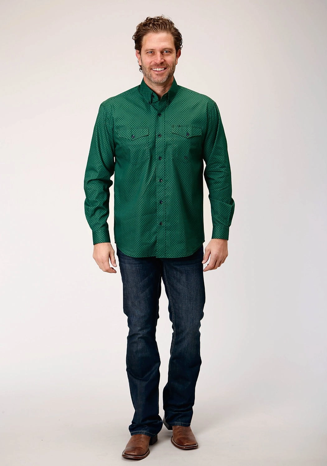 Roper Mens Four Leaf Foulard Green 100% Cotton L/S Shirt Durable Stitching