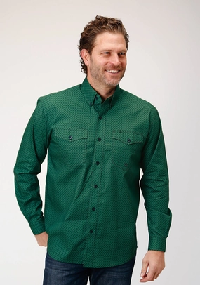 Rooftop Bar Roper Mens Four Leaf Foulard Green 100% Cotton L/S Shirt