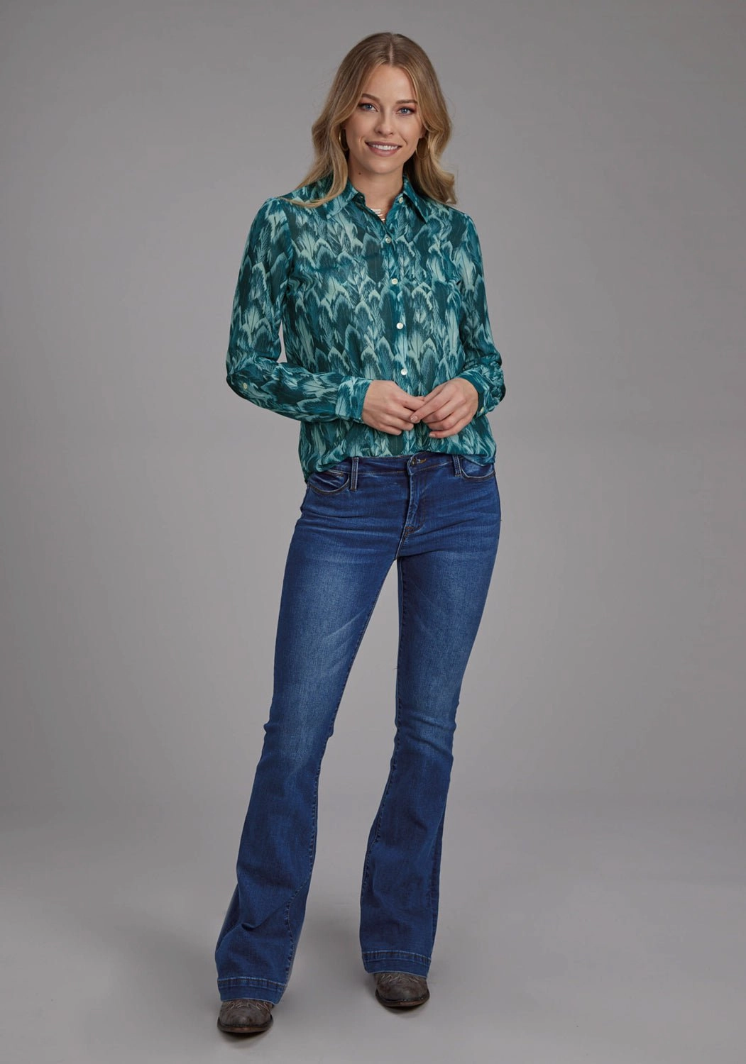 Hooded Option Roper Womens 2135 Feather Teal 100% Polyester L/S Blouse