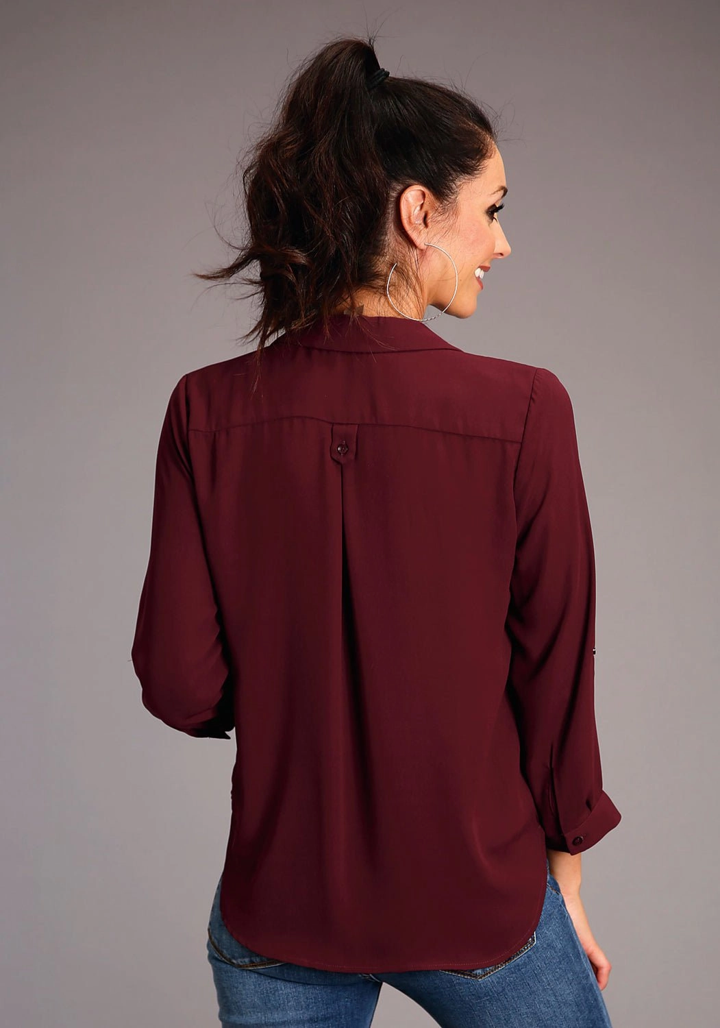 Smooth Zipper Design Solid Hue Stetson Womens Wine Polyester Open V S/S Shirt