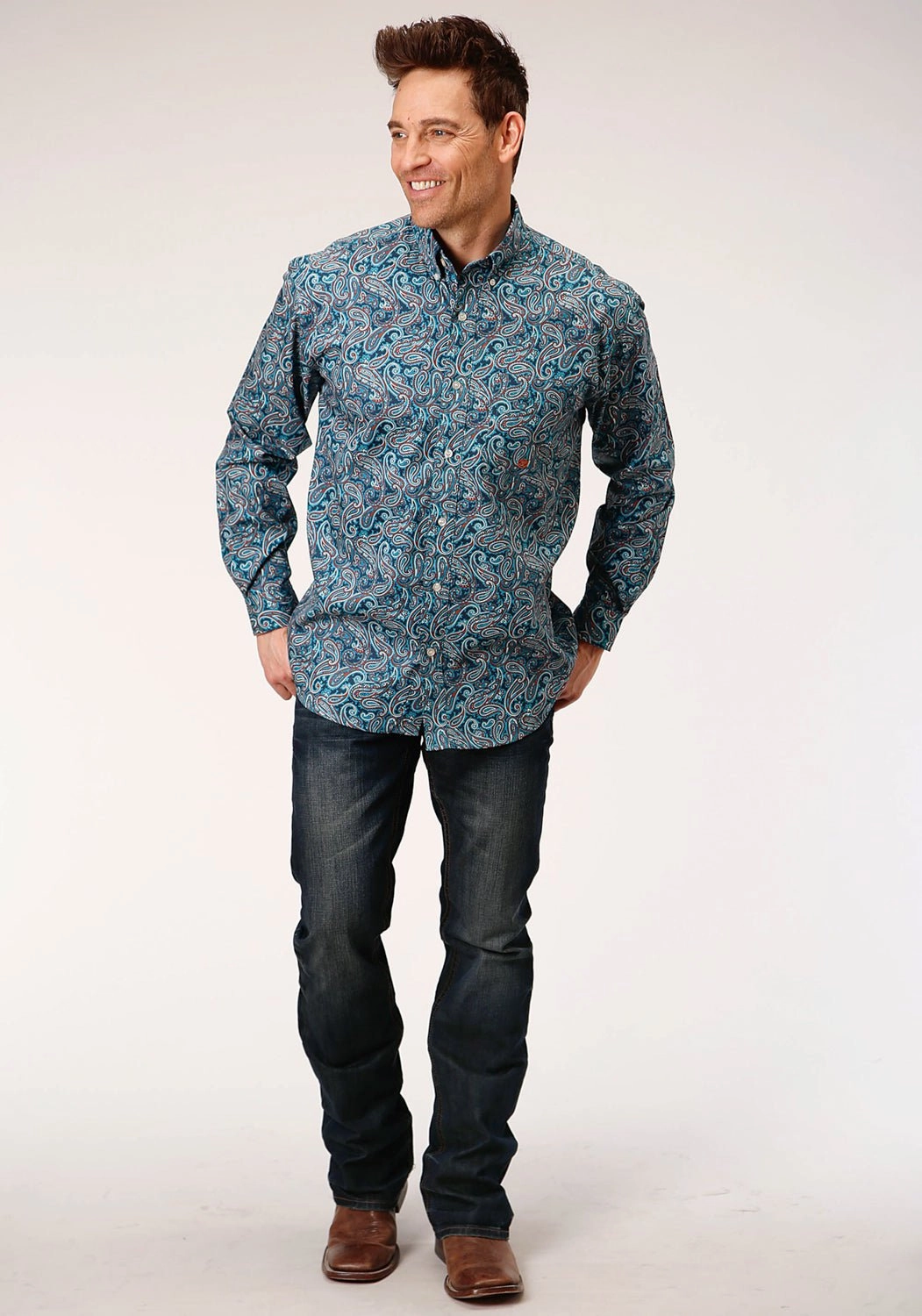 Roper Mens Blue 100% Cotton Canyon Paisley BD L/S 1 Pkt Shirt Minimalist Design