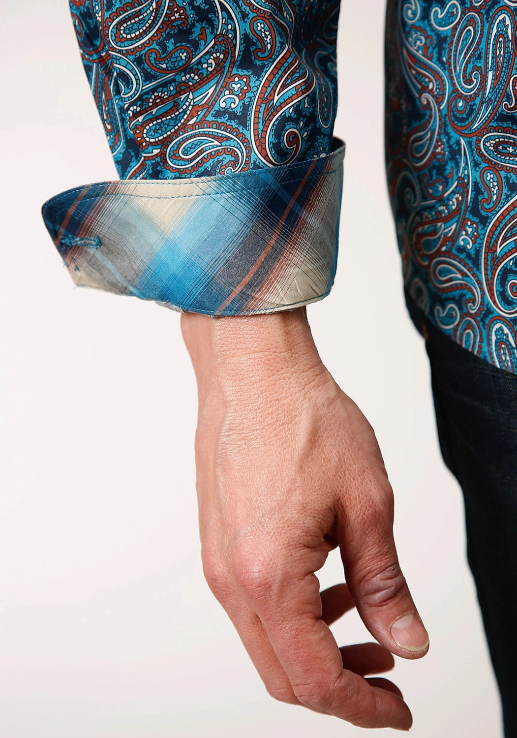 Soft Touch Fabric Roper Mens Blue 100% Cotton Canyon Paisley BD L/S 1 Pkt Shirt