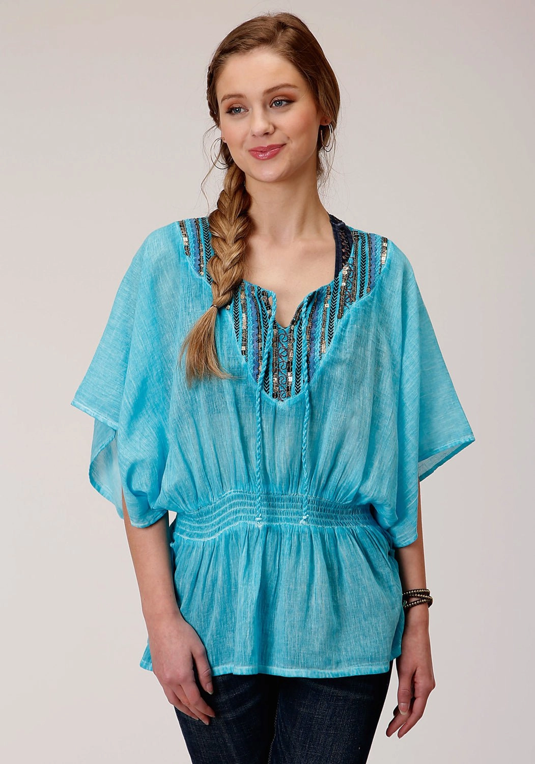 Seasonal Collection Flexible Shoulder Panels Roper Womens Turquoise 100% Cotton Peasant Top S/S Tunic
