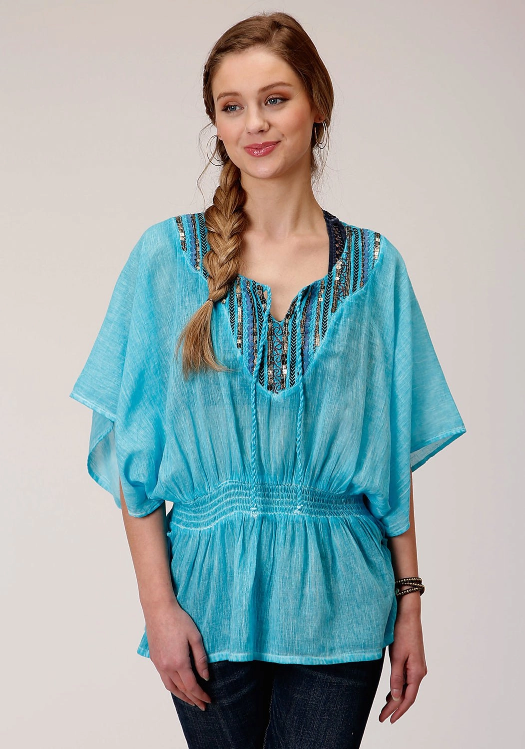 Practical Choice Eco Friendly Dye Roper Womens Turquoise 100% Cotton Peasant Top S/S Tunic