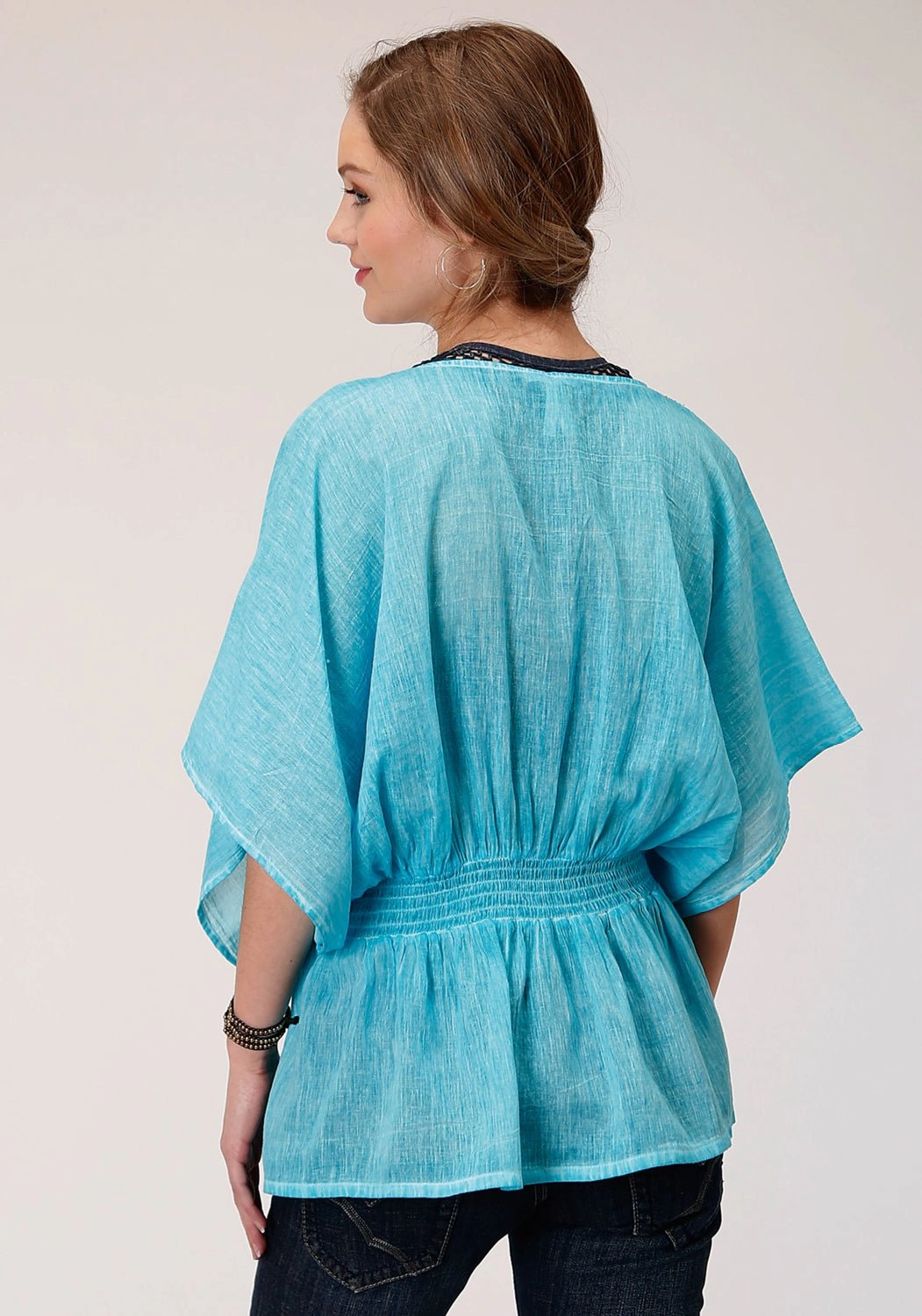 Subtle design Roper Womens Turquoise 100% Cotton Peasant Top S/S Tunic