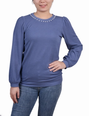 Long Sleeve Ribbed Pearl Trimmed Top Bound Edges