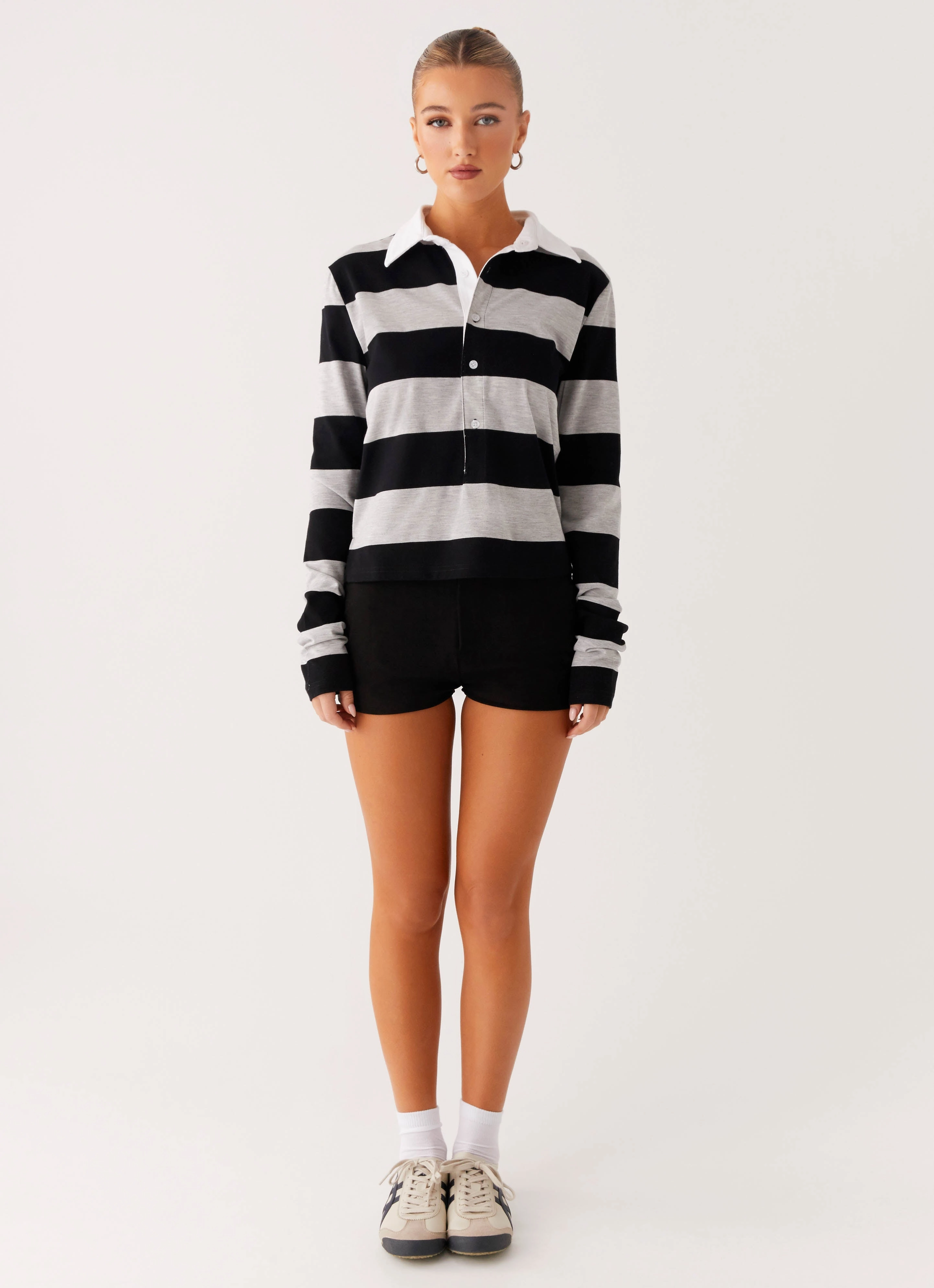 Beckett Polo Top - Grey Black Stripe Comfy Layer